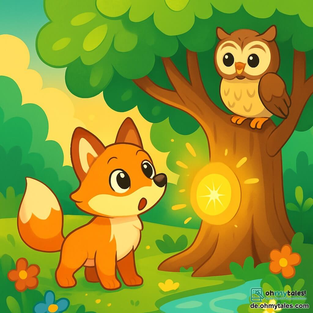 Ein Fuchs mit leuchtenden Augen und goldenem Fell, voller Neugier und Staunen, steht vor einem majestätischen Baum mit strahlend grünen Blättern. Neben ihm sitzt eine weise Eule mit braunen und weißen Federn, die aufmerksam den Fuchs beobachtet und bereit ist, ihm Ratschläge zu geben. Der Ort ist eine verzauberte Lichtung, durchflutet von goldenem Licht, mit bunten Blumen und einem sanften Bächlein in der Nähe. In dieser Szene entdeckt der Fuchs einen geheimnisvollen Lichtschein, der vom Baum ausgeht, bereit, sein magisches Abenteuer zu beginnen.