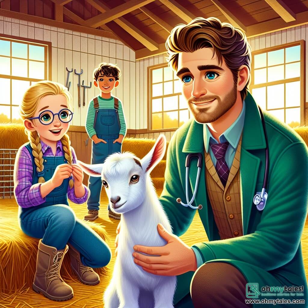 A male veterinarian, Dr. Ben, with brown hair and a well-groomed beard, is wearing a green coat. He has a warm smile and kind, sparkling eyes. He is crouched next to a white goat named Daisy, who has a bandage on her leg. Lily, an 8-year-old girl with long braided blonde hair, is next to him, holding a bandage with a focused and joyful expression. Jack, a 7-year-old boy with glasses and messy brown hair, is watching closely with his hands on his hips, looking excited. The scene takes place in a bright barn filled with golden straw, with sunlight streaming through the windows. Veterinary tools are arranged on a nearby wooden table. Dr. Ben is gently treating Daisy's leg, while Lily and Jack assist him, creating an atmosphere of camaraderie and care.
