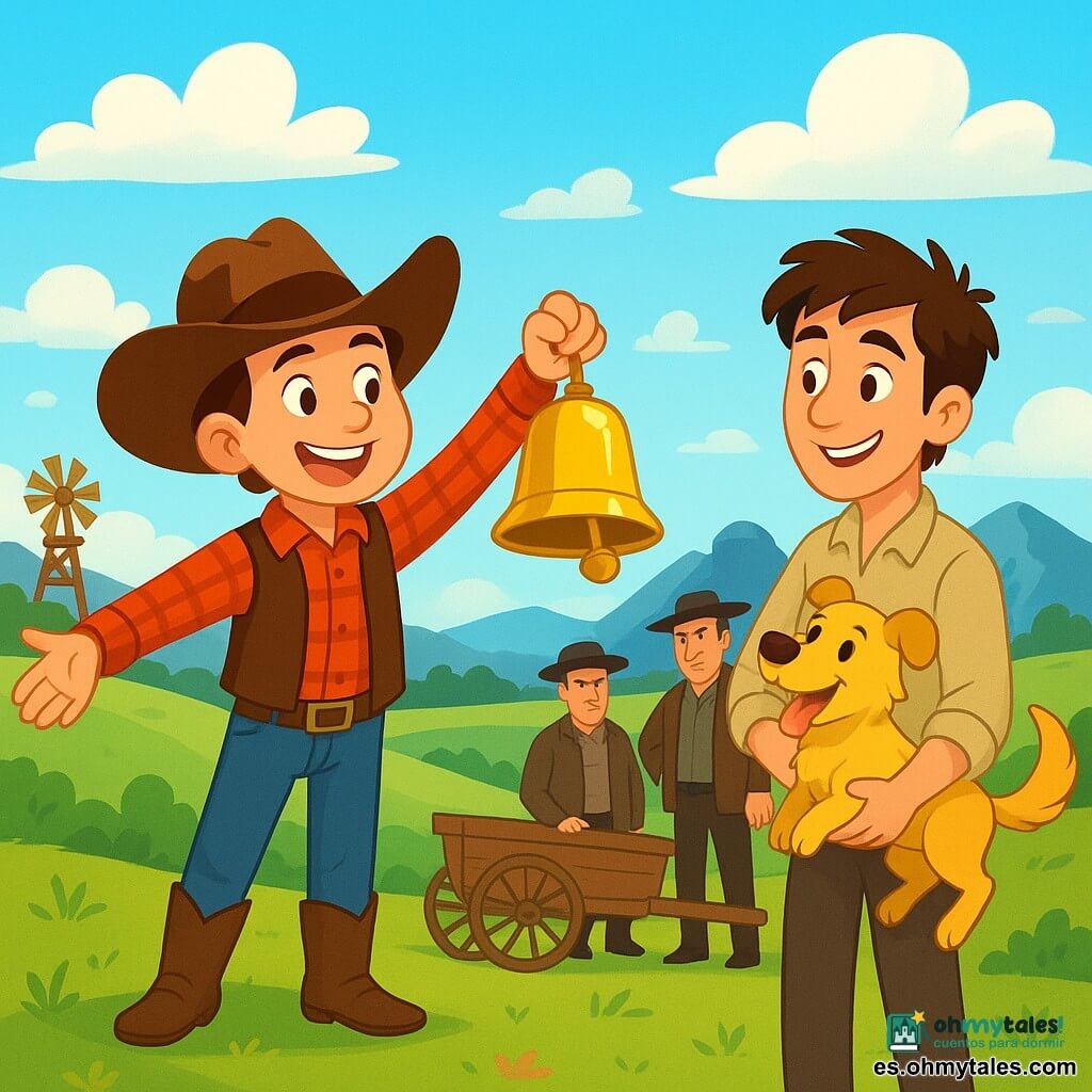 Un hombre valiente, Tomás, está de pie en una colina soleada, su amplio sombrero de vaquero proyecta una sombra sobre su rostro sonriente y decidido. Lleva una camisa de cuadros roja y un chaleco de cuero, con botas polvorientas. A su lado, Marco, un joven de unos 20 años, con el cabello castaño desordenado y una sonrisa amigable, sostiene un pequeño perro de pelaje dorado llamado Trueno, que ladra alegremente. El paisaje es vasto, con praderas verdes que se extienden hasta donde alcanza la vista, montañas lejanas bajo un cielo azul brillante, salpicado de nubes blancas esponjosas. A lo lejos, se puede ver un viejo molino de madera, añadiendo un toque pintoresco a la escena. La situación principal muestra a Tomás, con los brazos abiertos, pidiendo la restitución de una gran campana dorada, que brilla bajo el sol, a tres hombres de rostro serio, que están cerca de un viejo carro. La atmósfera es tensa pero llena de esperanza, con colores vivos y detalles alegres que evocan el espíritu de aventura y camaradería.