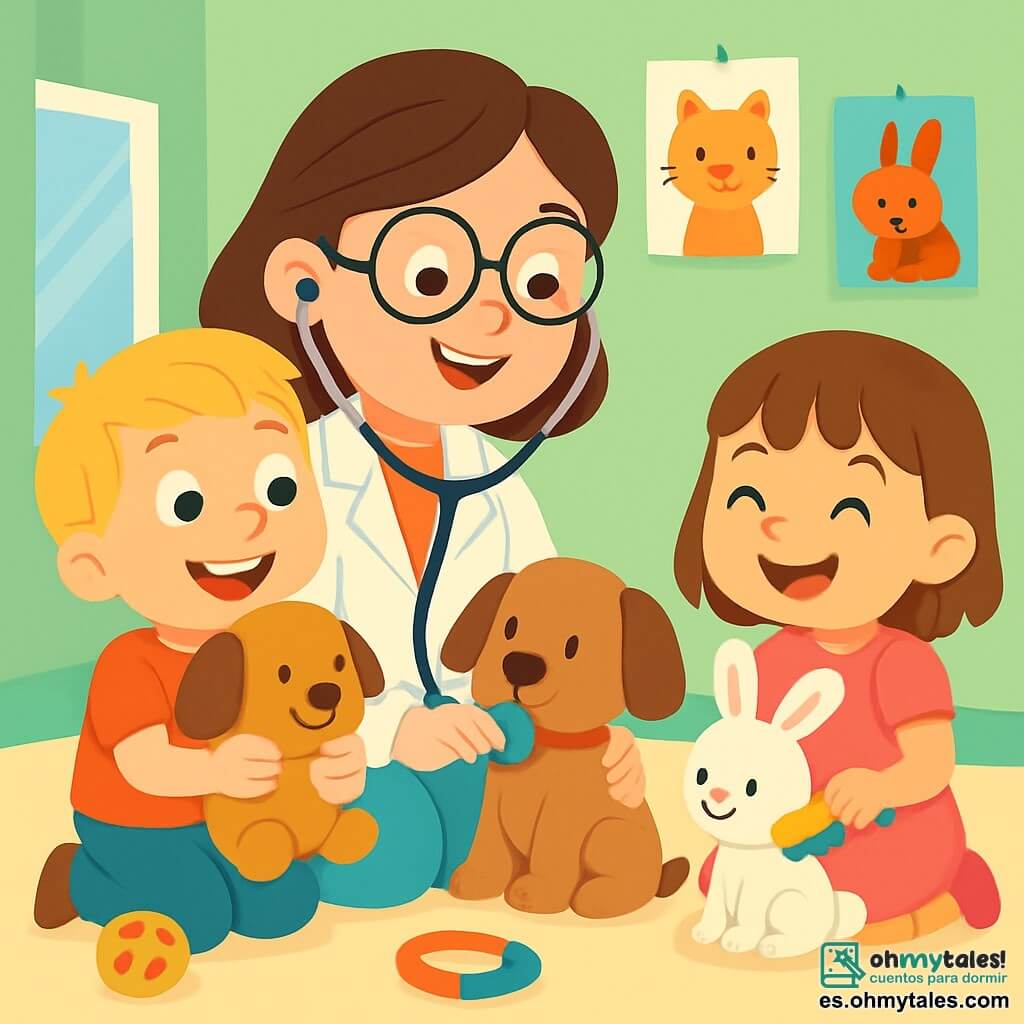 La doctora Lucía, una mujer sonriente con cabello castaño y gafas redondas, lleva una bata blanca y un estetoscopio alrededor del cuello. Está agachada, mirando con ternura a un pequeño perro de peluche llamado Coco, al que escucha con un estetoscopio, mostrando una expresión alegre y bondadosa. A su lado, Pablo, un niño de 6 años con cabello rubio y ojos brillantes, sostiene su peluche Coco en los brazos, sonriendo con asombro. Ana, una niña de 5 años con cabello castaño y un vestido rosa, está cepillando otro peluche, un pequeño conejo llamado Nube, con una gran sonrisa en su rostro. La escena se desarrolla en una clínica veterinaria luminosa, con paredes pintadas de verde pastel, carteles de animales coloridos y juguetes para animales esparcidos por el suelo. La situación principal muestra a la doctora Lucía enseñando a los niños cómo cuidar de sus peluches, rodeada de una atmósfera cálida y amistosa, llena de risas y descubrimientos.