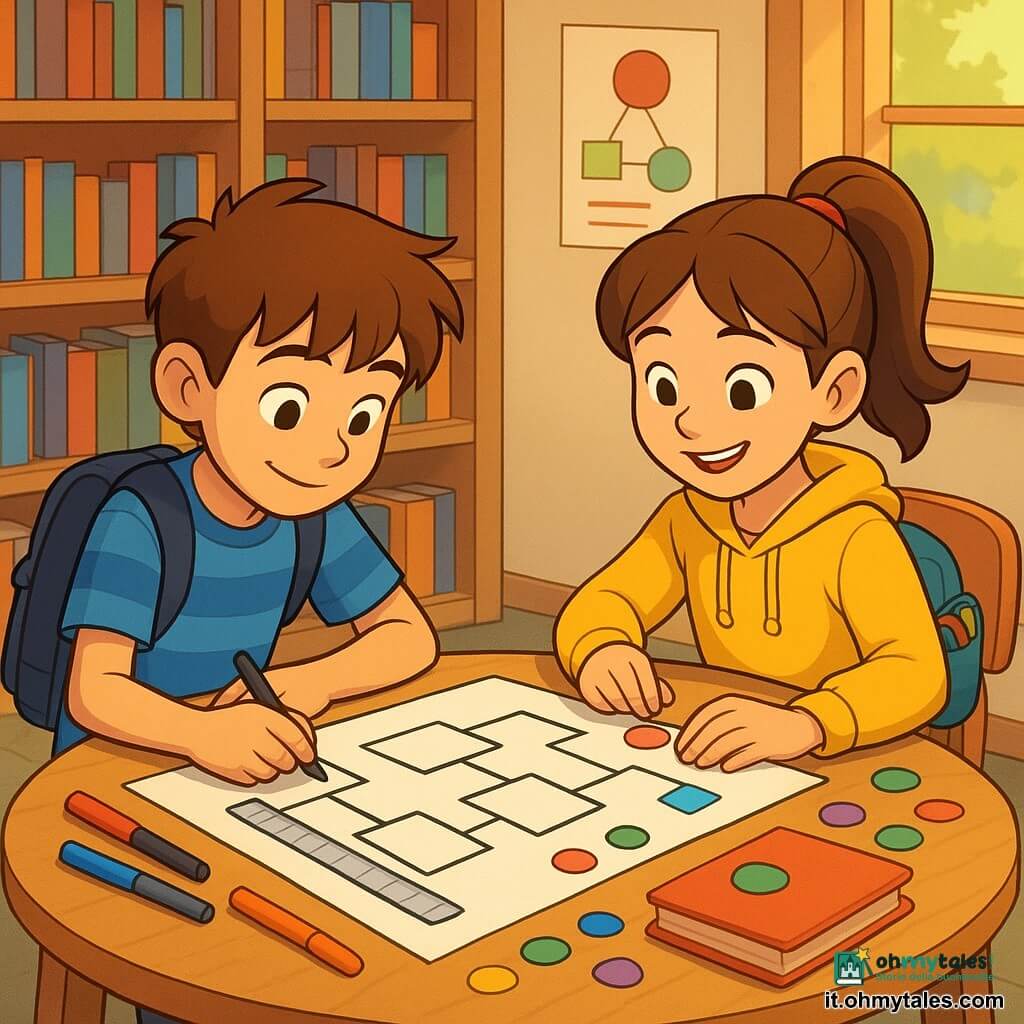 Ci sono due bambini: Leo, 10 anni, capelli castani corti spettinati, maglietta blu a righe e jeans, seduto a sinistra mentre traccia con righello e pennarello cornici geometriche nette; Sara, 10 anni, capelli castani raccolti in coda, felpa gialla, seduta a destra sorridente, applica gommette e tende un elastico rosso verso la grande “mappa dei modi di apprendere”. Luogo: biblioteca scolastica luminosa con scaffali in legno chiaro pieni di libri, grande finestra e tavolo rotondo di legno coperto di fogli bianchi, pennarelli colorati, gommette, elastici, righello e alcuni libri impilati. Atmosfera collaborativa: volti concentrati ma felici, gesti chiari, materiali grafici visibili.