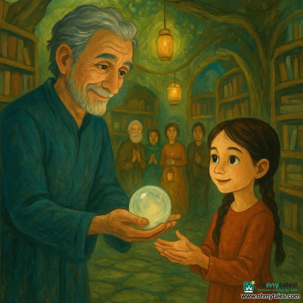 A middle-aged man, Elias, with a kindly wrinkled face and streaked gray hair gently offers a clear crystal sphere to a nine-year-old girl, Mara, with braided brown hair and curious eyes; she receives it with both hands while a small group of colorful villagers stand behind holding paper lanterns, all within a magical archive beneath a large willow—curved wooden shelves of scrolls and sewn books, paper hangings, mossy stone floor and soft pale-green filtered light—capturing a solemn, warm transfer of the truth crystal in a gouache palette of amber, moss green and blue-gray, with visible brush textures and slightly blurred edges for a fairytale feel.