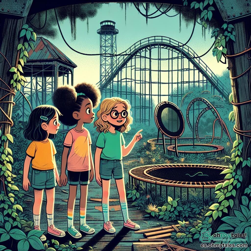 Tres niñas de siete años están en el centro de un parque de atracciones abandonado, rodeadas de estructuras oxidadas y plantas trepadoras. Clara, con cabello castaño y gafas redondas, lleva una camiseta amarilla brillante y un short de mezclilla, observa con curiosidad una vieja montaña rusa. A su derecha, Marta, una niña de cabello rubio y rizado, vestida con un vestido rosa, señala una trampilla oculta bajo las hojas. A la izquierda, Sofía, con cabello negro trenzado y una camiseta azul, se queda un poco atrás, dudosa pero fascinada por la aventura. El parque tiene una atmósfera misteriosa, con sombras alargadas proyectadas por el crepúsculo. Las atracciones, cubiertas de hiedra, parecen susurrar secretos olvidados, mientras una suave brisa hace temblar las hojas de los árboles. A lo lejos, una luz centelleante llama la atención de las niñas, proveniente de una antigua puerta de madera, adornada con símbolos extraños. Las tres amigas, unidas por su valentía, descubren una trampilla que las lleva a un túnel oscuro, donde están a punto de sumergirse en un mundo misterioso lleno de magia y aventuras, desafiando sus miedos juntas.