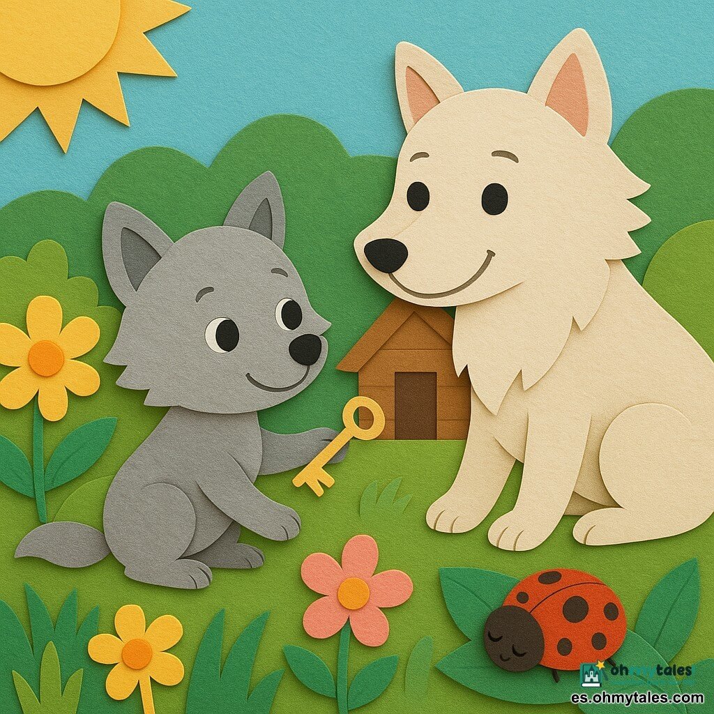 Un lobo pequeño e infantil (protagonista), pelaje gris suave, ojos grandes y brillantes, sonrisa tímida, de pie sobre las patas traseras, extiende la pata para coger una pequeña llave dorada entre dos pétalos; a su lado, una mamá lobo más grande de pelaje crema, mirada amable y sonriente, sentada junto a una casita de madera, lo anima con la mano; una mariquita roja de lunares negros duerme en una hoja cercana; jardín soleado y colorido con flores amarillas y rosas de papel recortado, hojas verdes texturizadas y rayos de sol que iluminan la escena; momento en que el pequeño recupera la llave, ambiente cálido, colores saturados, contornos nítidos y texturas de papel visibles, composición simple y legible para niños.