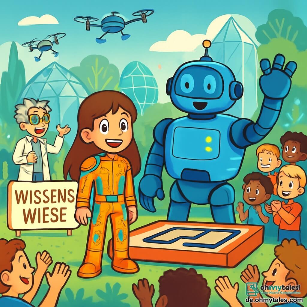 Ein 10-jähriges Mädchen, Mia, mit langen braunen Haaren und neugierigen Augen, steht im Mittelpunkt der Szene und lächelt breit. Sie trägt einen futuristischen Anzug in lebhaften Farben, verziert mit Schaltkreis-Mustern. Neben ihr steht ein großer, freundlicher Roboter, Zippy, mit einer glänzenden Oberfläche und blinkenden Lichtern, der sie ermutigt, indem er einen mechanischen Arm hebt. Im Hintergrund erklärt ein grauhaariger Wissenschaftler mit bunten Brillen und einem weißen Kittel begeistert den Kindern, wie Roboter funktionieren. Der Ort ist die Wissenswiese, ein futuristischer Park mit funkelnden Glasstrukturen, leuchtenden Pflanzen und interaktiven Spielen. Drohnen fliegen darüber und verleihen der Umgebung Dynamik. Die Hauptsituation zeigt Mia und Zippy in einem Robotikwettbewerb, während sie sich auf eine spannende Herausforderung vorbereiten, umgeben von einem begeisterten Publikum, das applaudiert und die Teilnehmer anfeuert.