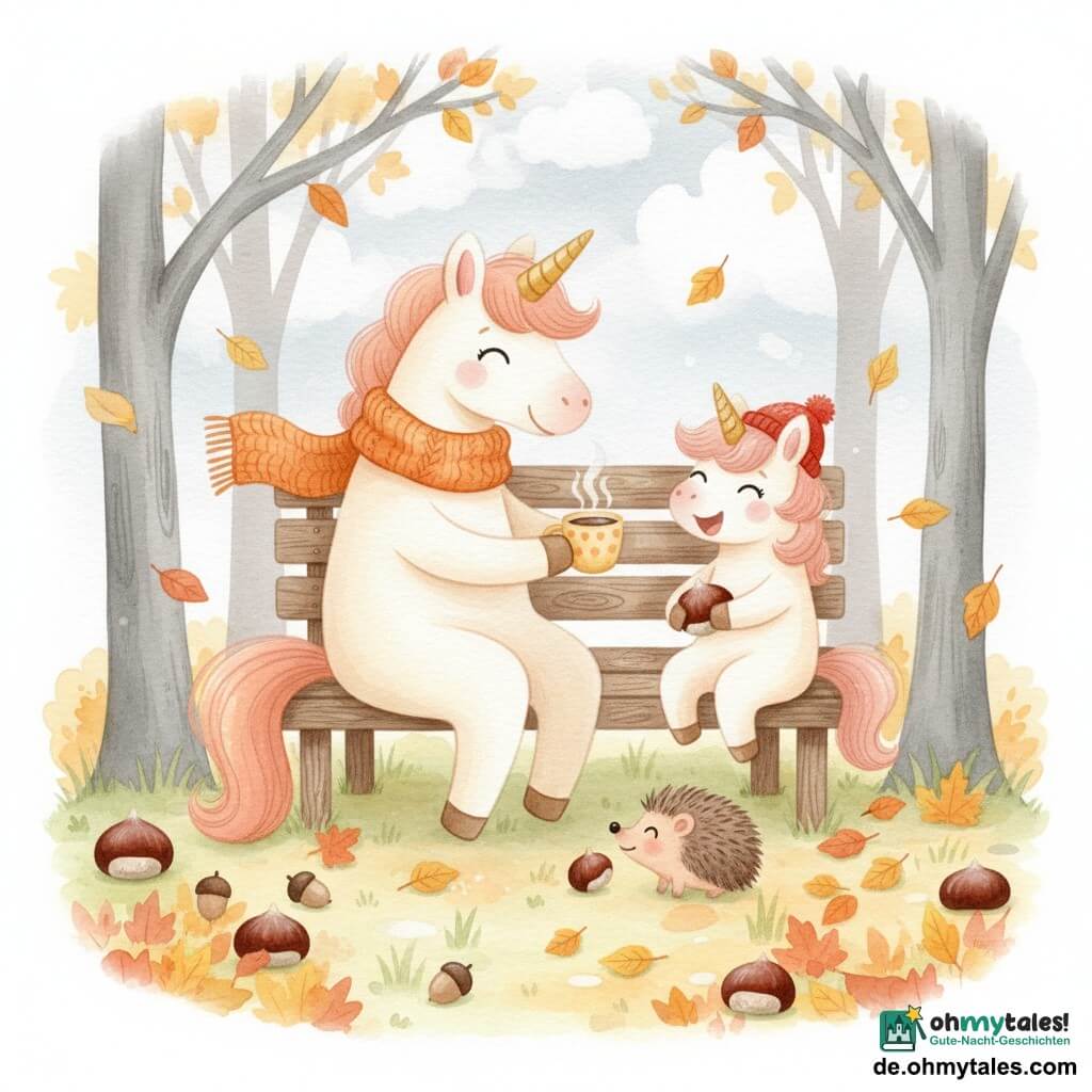 Mila ist ein kleines fröhliches Einhorn, cremeweiß mit hellrosa Mähne, goldener Hornspitze und roter Mütze, das lachend eine große glänzende Kastanie in den Hufen hält; die Mutter ist ein größeres sanftes Einhorn in wärmerem Creme, mit orangefarbener Strickschal und liebevollem Lächeln, auf einer Holzbank sitzend und eine Tasse dampfenden Kakaos anbietend. Ein brauner Igel mit weichen Stacheln schnuppert neugierig an einer Eichel nahe Milas Hufen. Der Boden ist mit gelben, roten und braunen Herbstblättern bedeckt, vereinzelt Eicheln und Kastanien, blasses grünes Gras und Erdpfade; graue Baumstämme mit tiefen Ästen lassen Blätter wirbelnd fallen, der Himmel ist hellgrau mit sanftem, gedämpftem Licht. Gesamtstimmung: eine warme, zärtliche Parkszene im Herbst, Mutter und Tochter auf der Bank, Mila spielt mit einer Kastanie und lacht, ruhige Atmosphäre, sanfte Farben und aquarellartige Texturen sichtbar.