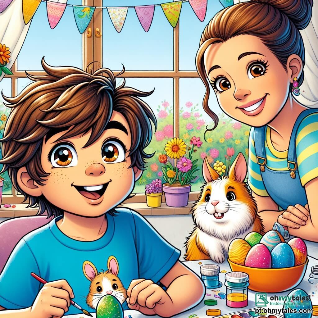Um menino de 10 anos, Lucas, com cabelos castanhos bagunçados e olhos brilhantes de curiosidade, está em frente a uma janela, com o rosto iluminado por um grande sorriso. Ele usa uma camiseta azul vibrante com um desenho de coelho e um short amarelo. Ao lado dele, sua mãe, uma mulher de cerca de trinta anos com cabelos castanhos presos em um coque, está sentada à mesa, pintando ovos de Páscoa com cores vivas e brilhantes. Ela sorri ao olhar para Lucas, cheia de amor e alegria. No jardim, um travesso, um porquinho-da-índia com pelos sedosos e olhos travessos, salta entre as flores coloridas, adicionando um toque de magia à cena. O ambiente está repleto de decorações de Páscoa: guirlandas de papel pastel, coelhos de pelúcia e ovos decorados, criando uma atmosfera festiva e acolhedora. Lucas, intrigado por um barulho vindo do jardim, se prepara para se afastar da mesa para investigar, com o coração batendo de excitação e mistério.