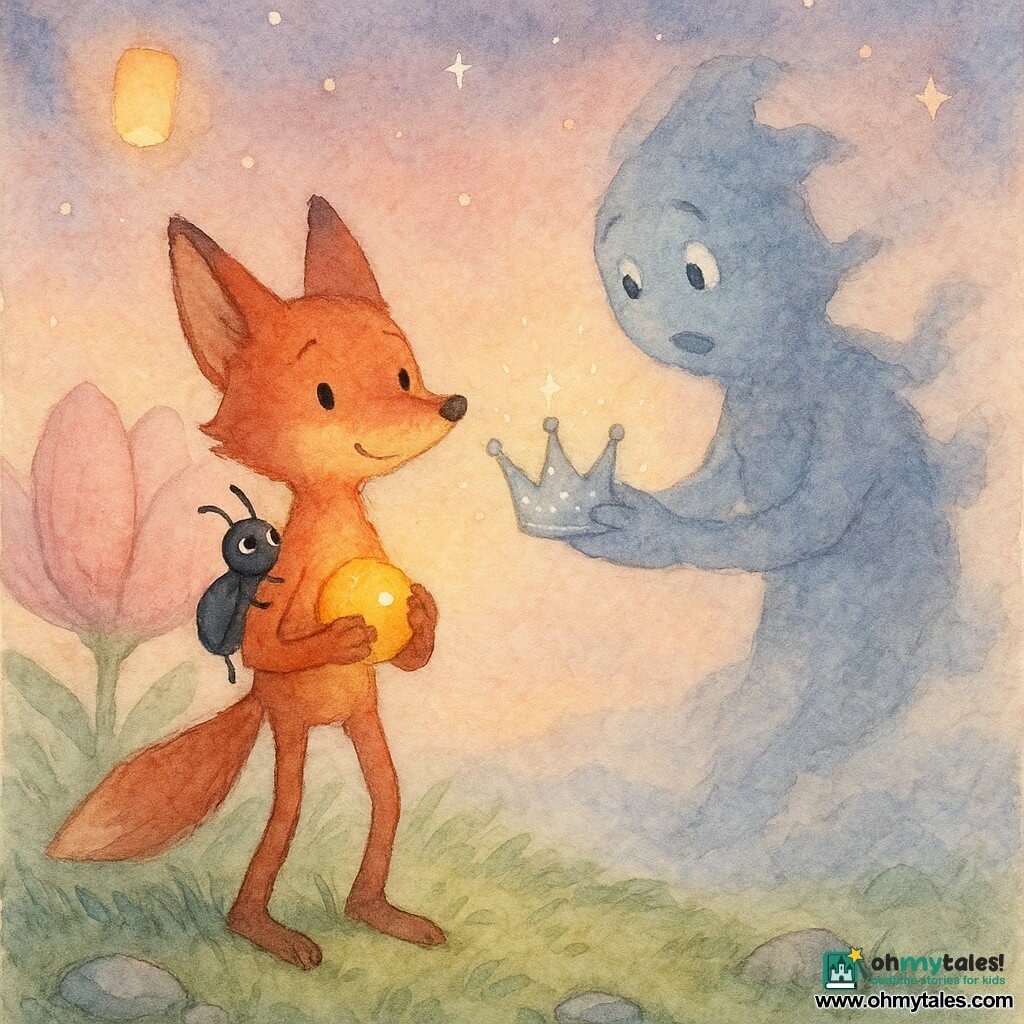 The main character is a small red fox (anthropomorphic) with long slightly clumsy legs, a determined look and shy smile, holding a small glowing yellow-orange sunstone against his chest; a polished black beetle perches on his shoulder, encouraging and curious with raised antennae; opposite them, the Wind-Shadow is a gray-blue vaporous silhouette with frayed edges, surprised and softening as it offers a sparkling silver crown; setting: Heart-Flower hill with crumpled green grass, a few gray stones and a large pale pink blossom glowing in the background, a twilight watercolor sky of pinks, lavender and gold with floating lanterns and early stars; the scene shows the fox receiving the returned crown from the Wind-Shadow, a warm, reconciliatory moment in a soft, child-friendly watercolor style with fine lines, pastel palette and visible paper texture.