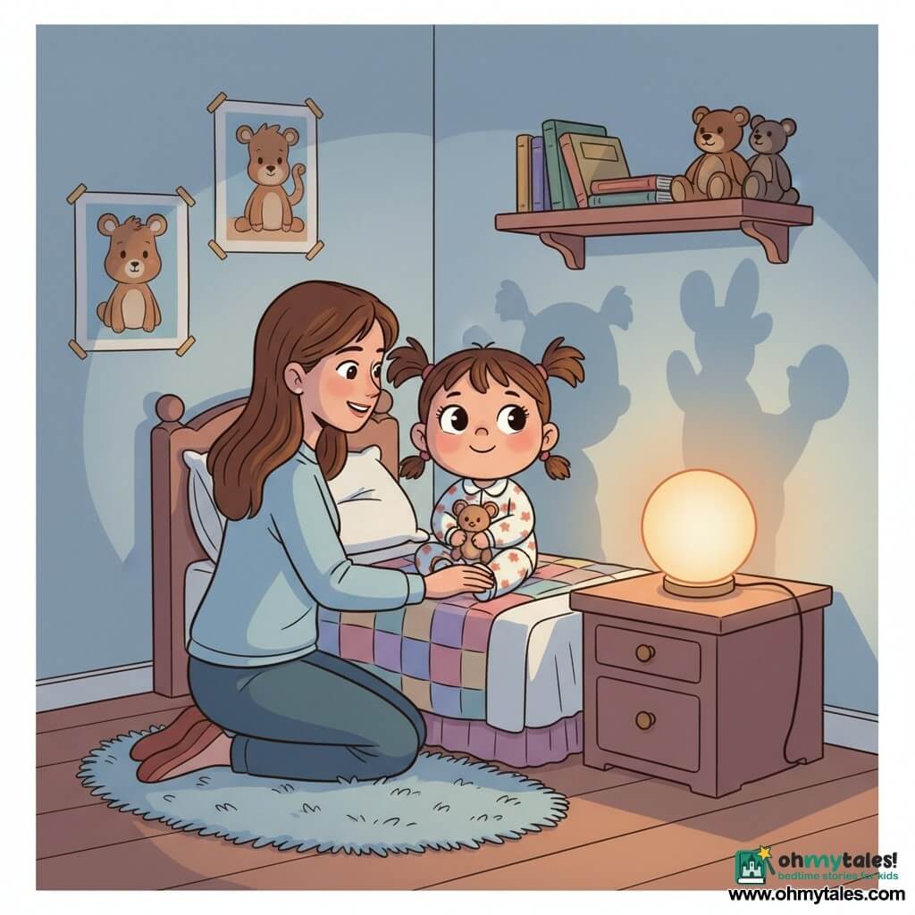 A 2-year-old girl with a round face and chestnut pigtails, big bright eyes, reassured and smiling, sits on her bed in star-patterned pajamas holding a small plush comforter; a woman (mother, ~30) with long loose hair and a gentle smile kneels by the bed and turns on a round nightlight on the bedside table, looking at the child tenderly. The small, cozy room has pale blue walls, friendly animal posters, a colorful duvet, a soft rug, a shelf with books and stuffed animals, and the warm orange glow of the nightlight casting soft shadows that turn scary shapes into playful forms. The composition centers on the bed and nightlight with a slightly elevated angle to show expressions and shadows; graphic style: saturated but gentle colors, clean 90s cartoon outlines, simple textures, and exaggerated friendly expressions.