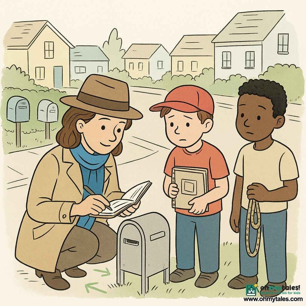 A female detective, Emma, wearing a bright blue scarf and holding a small open notebook, has a focused and kind expression. She is kneeling near a slightly moved mailbox. A boy around 10 years old, Sam, with a red cap and a contrite look, stands next to her, holding a photo album. Another boy, Leo, of the same age, stands a bit further back, holding a rope and looking at Emma with a mix of curiosity and regret. The scene takes place on a quiet street lined with pastel-colored houses and neatly trimmed hedges. Mailboxes are lined up along the sidewalk, some with small green chalk arrows drawn around them. It is a moment of discovery and resolution, where the characters work together to solve the mystery of the moved mailboxes.