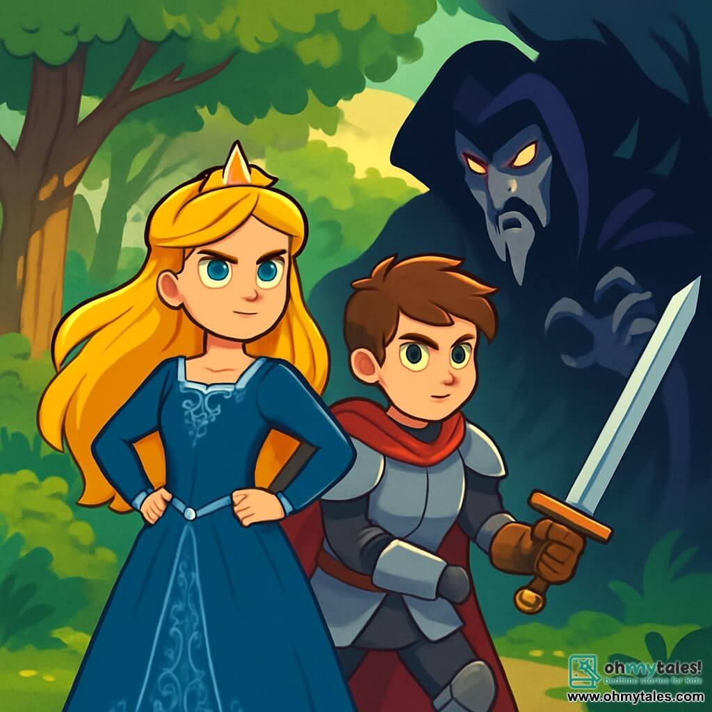 Princess Elara, around 16 years old, stands proudly at the center of the scene. She has long golden hair that shines in the sun and sparkling emerald eyes full of boldness. She wears a midnight blue velvet dress adorned with delicate silver embroidery, and her expression is determined and courageous, ready to face danger. Beside her is Sir Cedric, an 18-year-old knight with tousled brown hair and shining armor, confidently wielding his sword with a protective and loyal look. In the background, the enchanting landscape of the Whispering Forest stretches out, with majestic trees and vibrant green leaves, sunlight filtering through the foliage, creating a magical atmosphere. The main situation shows Elara and Cedric standing firm, ready to fight the Shadow Sorcerer, Malachai, who emerges from the darkness, his sinister face and cold eyes glinting with malice.