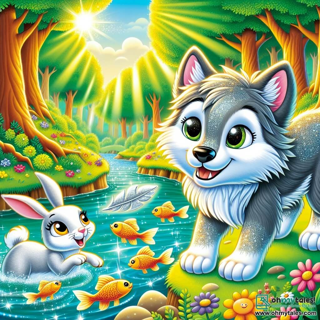 A young wolf named Willow, with shiny silver fur and sparkling star-like eyes, stands by a shimmering stream. He looks curious and joyful, his smile revealing sharp white teeth. Next to him, a small rabbit named Bella, with soft white fur, watches with twinkling eyes and perked-up ears. She stands on her hind legs, ready to leap, seemingly encouraging Willow. In the background, a lush forest stretches out, with majestic trees and vibrant green leaves, colorful flowers scattered on the ground, and sunlight filtering through the branches. Willow, with a determined look, reaches for a silver feather floating above the water, while golden-scaled fish swim happily in the stream.