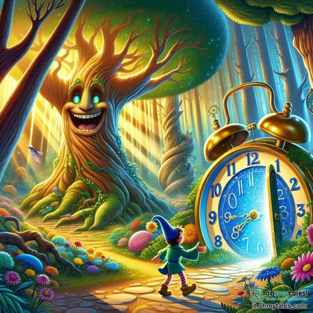 Tic, un orologio colorato con un quadrante blu e numeri brillanti, si trova al centro della scena, con gli occhi scintillanti di eccitazione. Le sue lancette dorate girano rapidamente, riflettendo il suo entusiasmo mentre scopre una misteriosa porta d'argento che si apre davanti a lui. Frondoso, un maestoso albero parlante con un tronco spesso e foglie verdi brillanti, sta accanto a Tic, mostrando un sorriso caloroso e incoraggiante. Le sue branche si estendono come braccia, pronte a guidare Tic nella sua avventura. La scena si svolge in una foresta incantata, immersa in una luce dorata, con alberi giganti dai tronchi contorti e fiori multicolori che danzano al vento. Raggi di sole filtrano attraverso il fogliame, creando un'atmosfera magica e accogliente. Tic, incuriosito e felice, si prepara a varcare la porta d'argento che lo porterà in un viaggio nel tempo, mentre Frondoso gli spiega gli enigmi che dovrà risolvere per tornare a casa.