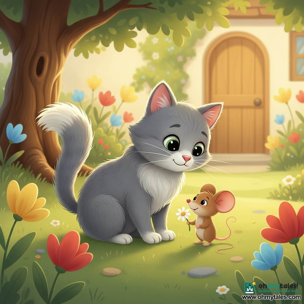 A cheerful gray fluffy cat with bright green eyes and a pink nose sits relaxed, leaning toward a small brown mouse with big round ears and a tiny pink nose holding a daisy; they gaze at each other affectionately in a cozy cottage garden with soft green grass, colorful flowers, a visible-root oak and a blurred wooden cottage door, bathed in warm golden sunlight and pastel tones.