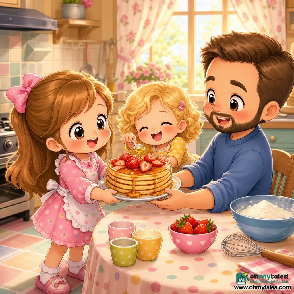There are three characters: Dad, about 35, round face, short neat beard, bright eyes, sitting in a cozy chair to the right with a tender smile and hands ready to receive the plate; Lily, about 6, long light brown hair with a pink bow, slightly flushed cheeks, standing left by the table holding a plate of stacked pancakes topped with strawberries, looking excitedly at Dad; Mia, about 4, short curly blonde hair, small and joyful, centered in front of the table, leaning over to drizzle honey with a small spoon, eyes laughing. The setting is a warm morning kitchen with golden sunlight through floral curtains, a light wood table, pastel tiled floor, a saucepan on the stove, a bowl of flour and whisk on the counter, colorful little cups and a polka-dot cloth. Main scene: a Father’s Day surprise as the two girls present a large stack of strawberry-and-honey pancakes to their dad, exaggerated adorable expressions, bright soft colors, composition centered on the pancakes, joyful cozy atmosphere.