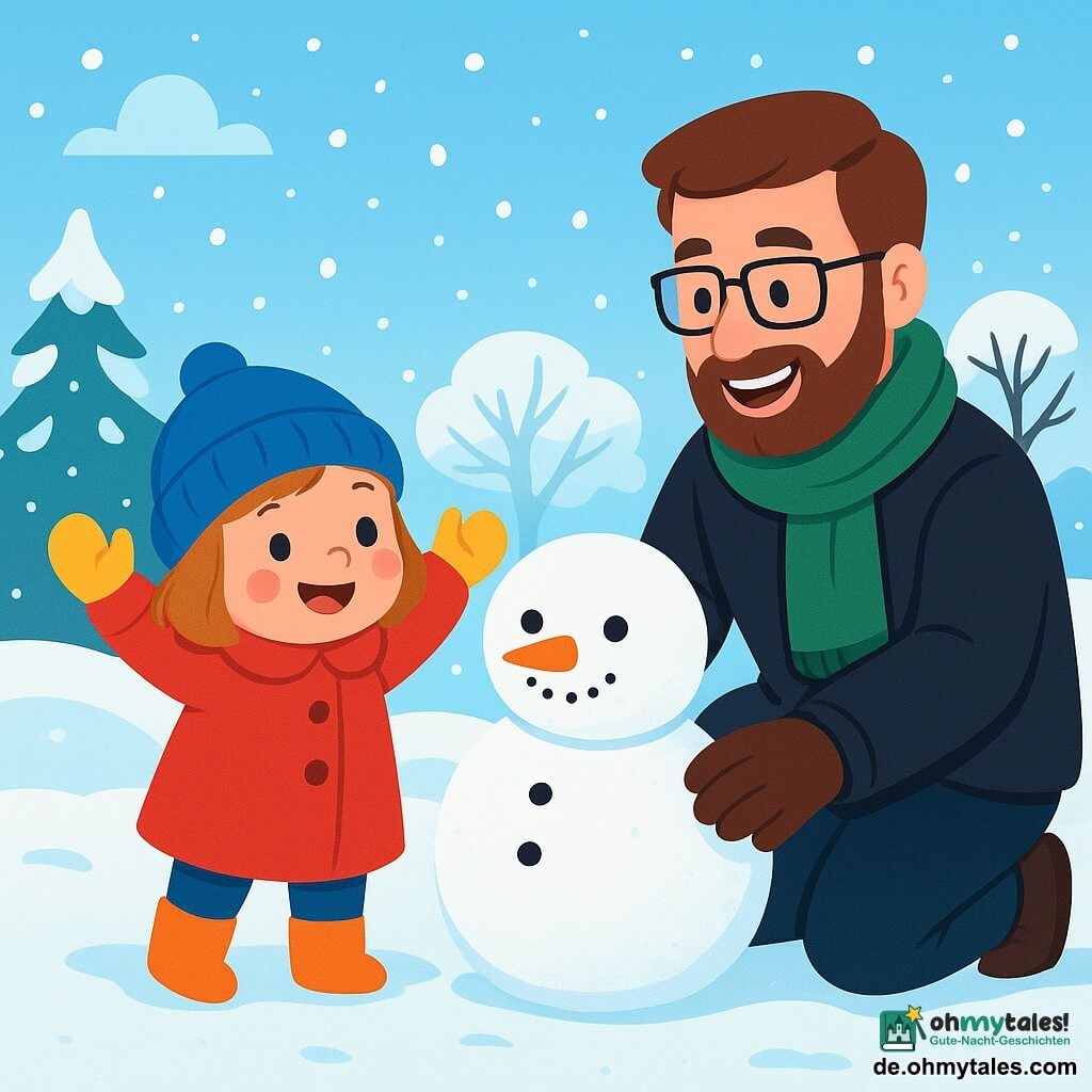 Ein kleines Mädchen von 2 Jahren mit rosigen Wangen und funkelnden Augen baut einen Schneemann. Sie trägt einen leuchtend roten Mantel, eine blaue Wollmütze und gelbe Handschuhe und lächelt voller Staunen. Neben ihr hilft ihr Papa, ein etwa 30-jähriger Mann mit braunem Bart und Brille, indem er eine große Schneeball rollt. Er trägt einen schwarzen Mantel und einen grünen Schal und schaut stolz auf seine Tochter. Der Ort ist ein verschneiter Garten, der Boden ist mit einer dicken Schicht funkelnden Schnees bedeckt, der im Wintersonne glänzt. Im Hintergrund stehen Bäume mit schneebedeckten Ästen, und ein klarer blauer Himmel breitet sich über ihnen aus. Die Hauptsituation zeigt das fröhliche und konzentrierte Mädchen, das die Arme in die Luft hebt, um ihren Schneemann zu zeigen, während ihr Papa lächelt und sie anfeuert. Sanfte Schneeflocken fallen um sie herum und verleihen dieser Winterszene einen magischen Touch.