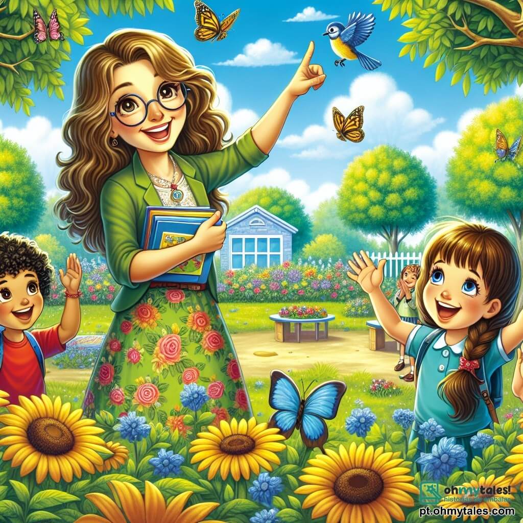A cena mostra a professora Ana, uma mulher de trinta anos, com longos cabelos castanhos e óculos redondos, sorridente e cheia de energia. Ela está no centro do jardim da escola, cercada por flores coloridas e árvores verdes, enquanto aponta entusiasticamente para um pássaro azul no céu. À sua direita, João, um menino de 8 anos com cabelos cacheados e uma camiseta vermelha, levanta a mão animado para fazer uma pergunta sobre pássaros. À sua esquerda, Maria, uma menina de 7 anos com tranças e um vestido florido, aplaude alegremente enquanto escuta a lição sobre os animais. O jardim da escola é repleto de cores vivas: flores amarelas, árvores verdes e um céu azul brilhante. Borboletas voam ao redor, acrescentando um toque de magia ao ambiente. A situação principal mostra a professora Ana ensinando seus alunos sobre os animais, com crianças cativadas e entusiasmadas, prontas para aprender e compartilhar seus conhecimentos sobre seus animais favoritos.