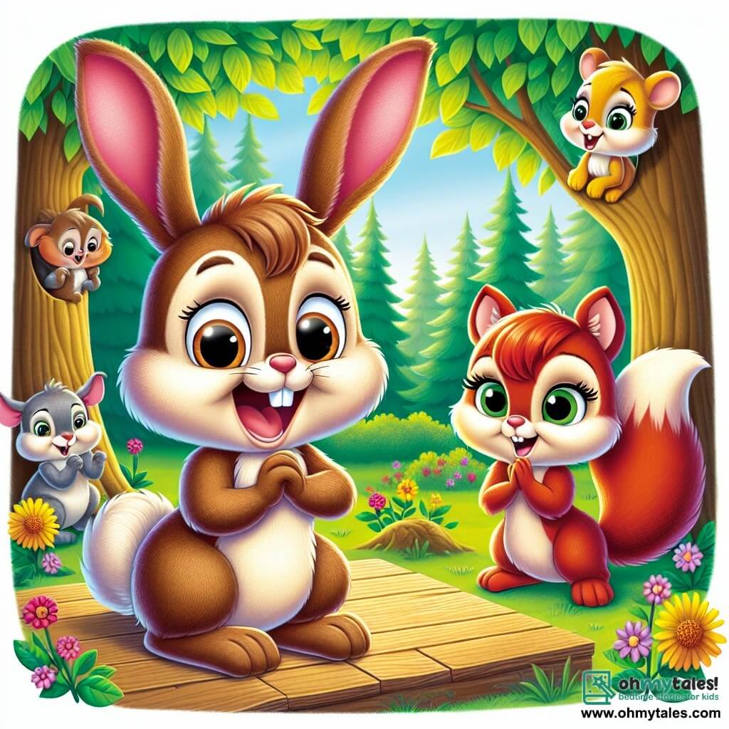 In the center of the image, Benny, a young rabbit with big ears and soft brown fur, stands on a wooden stage, his face lit up with excitement and nervousness. His eyes shine with anticipation as he sings with all his heart, exuding confidence. To his right, Clara, a small squirrel with reddish fur and sparkling eyes, enthusiastically claps, a big smile on her face. She perches on a low branch, her front paws raised in encouragement. To his left, Leo, a fox with golden fur and mischievous eyes, looks on proudly, his expression full of support. He stands on the ground, arms crossed, ready to applaud his friend. In the background, the stage is surrounded by the beautiful Whispering Forest, with majestic trees, vibrant green leaves, colorful flowers dancing in the wind, and curious animals gathered to listen, creating a warm and welcoming atmosphere. The main scene shows Benny, the young rabbit, about to sing in front of all his friends, overcoming his shyness and discovering the joy of sharing his talent with the world.