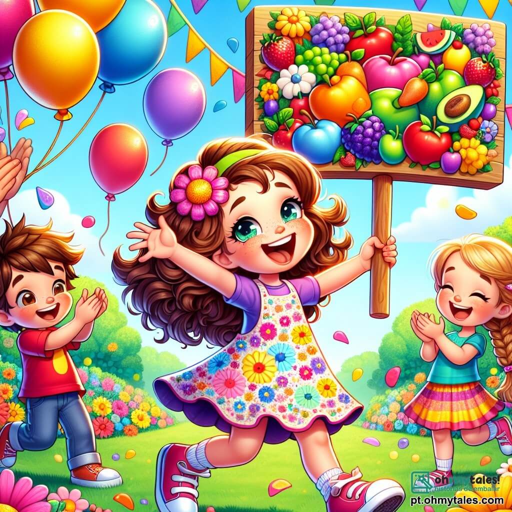 Uma menina de 8 anos, Clara, com cabelos cacheados e olhos brilhantes, sorri alegremente enquanto segura um grande painel colorido com a inscrição "Clube da Saúde". Ela veste um vestido floral e tênis, dançando entusiasticamente no meio de seus amigos. Ao seu lado, um garoto de 7 anos, Lucas, com cabelos loiros bagunçados e uma camiseta vermelha, levanta os braços para o alto, expressando sua empolgação. Outra amiga, uma menina de 8 anos chamada Emma, com cabelos castanhos trançados e uma saia colorida, aplaude com um grande sorriso, mostrando seu apoio a Clara. A cena acontece em um parque ensolarado, cheio de flores vibrantes e árvores verdes. Balões coloridos flutuam no ar, e um grande painel de madeira decorado com desenhos de frutas e vegetais está instalado atrás deles. Clara e seus amigos celebram o lançamento do "Clube da Saúde", compartilhando risadas e energia positiva, comprometendo-se a cuidar da saúde juntos.