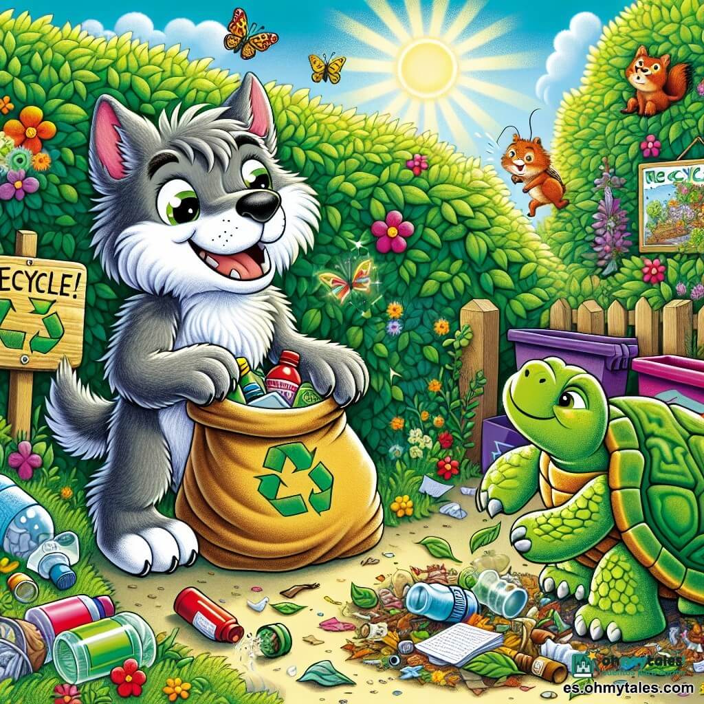 Un pequeño lobo de ojos brillantes y pelaje gris, sonriendo con orgullo, está clasificando basura en un rincón soleado de un seto salvaje. Lleva una pequeña bolsa de tela llena de botellas y papeles de colores, y su expresión muestra gran determinación y alegría. A su lado, una vieja tortuga de caparazón verde y jaspeado, con una mirada sabia y benevolente, lo anima asintiendo con la cabeza, mientras sostiene un pequeño cartel de madera que dice "¡Recicla!". Un poco más lejos, una alegre ardilla de pelaje rojizo, saltando con entusiasmo, recoge hojas para añadir a una pila de compost. El lugar es un seto vibrante de colores, con flores silvestres brillantes, insectos zumbando y rayos de sol filtrándose a través de las ramas. La escena principal muestra al lobo y sus amigos en plena acción, unidos para limpiar y embellecer su entorno, rodeados de basura colorida que poco a poco se convierte en un rincón de clasificación alegre y vivo.