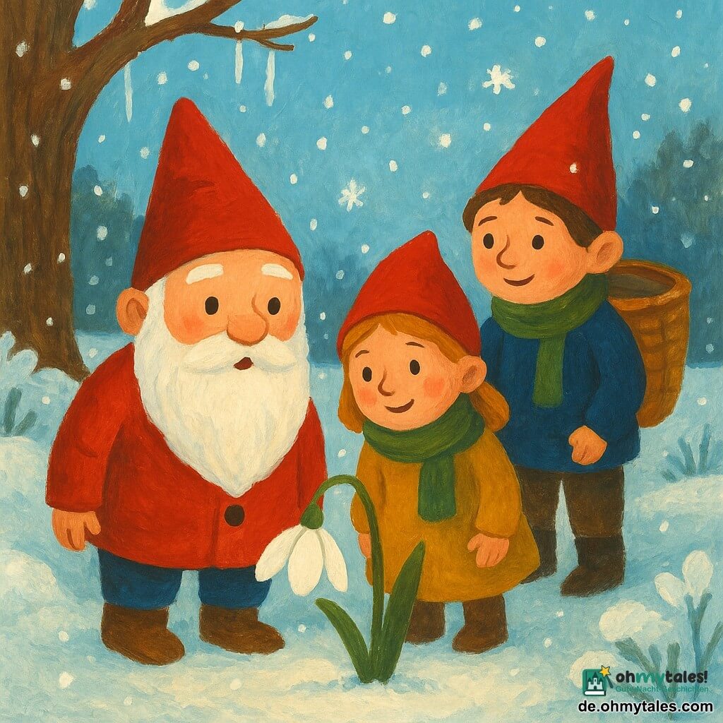 Ein kleiner Junge, Finn, ein junger Gartenzwerg mit einem großen weißen Bart und einer kleinen roten Mütze, betrachtet staunend eine zarte weiße Blume, ein Schneeglöckchen, in einem verschneiten Garten. Seine Schwester Lila, ein Zwerg mit einem grünen Schal, steht lächelnd und neugierig neben ihm, während sein Bruder Bodo, ein Zwerg mit einem großen Weidenkorb, die Szene aufmerksam beobachtet. Sie sind alle drei von glitzerndem Schnee umgeben, unter einem großen Baum mit kahlen Ästen und hängenden Eiskristallen. Der Garten ist in ein sanftes Winterlicht getaucht, mit sanft fallenden Schneeflocken um sie herum.