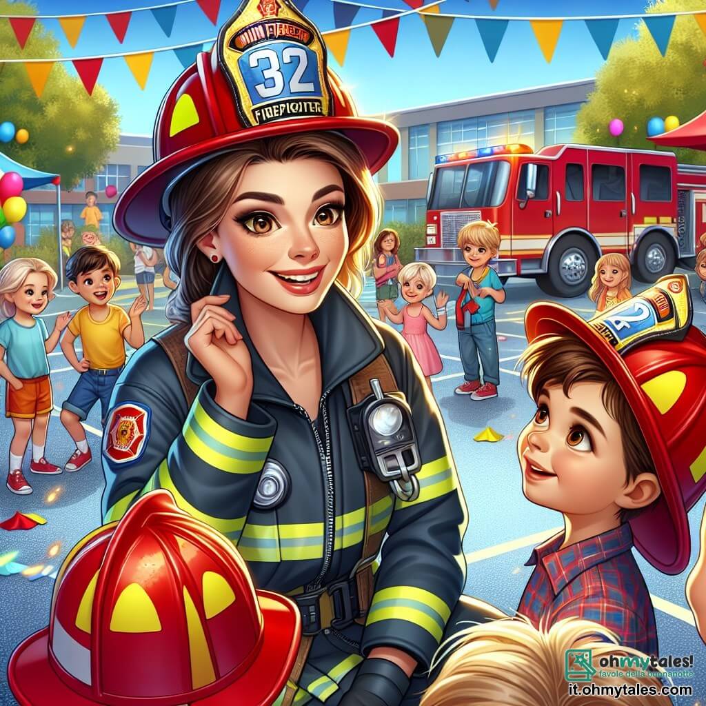 Una vigile del fuoco, Chiara, sorridente e determinata, indossa un'uniforme rossa e blu, con un casco lucido sulla testa. I suoi occhi brillano di entusiasmo mentre si china per parlare a un gruppo di bambini. Tra i bambini, Matteo, un ragazzo di circa 8 anni, con capelli castani e occhi curiosi, indossa un piccolo casco da pompiere troppo grande per lui. Guarda Chiara con ammirazione, tenendo in mano un diploma di "Mini Pompiere". La scena si svolge nel cortile di una scuola primaria, decorato con palloncini colorati e festoni svolazzanti. Ci sono giochi e laboratori intorno, con bambini che ridono e giocano. Chiara spiega con passione il mestiere di pompiere, circondata da bambini affascinati, mentre un camion dei pompieri rosso, lucente al sole, è parcheggiato sullo sfondo, aggiungendo un tocco d'avventura all'atmosfera gioiosa.