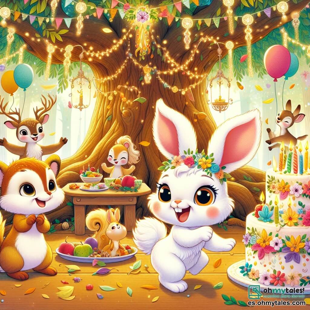 Ilustración que representa un adorable conejito, con un pelaje blanco brillante y grandes orejas. Muestra una expresión de alegría y emoción, saltando con una gran sonrisa, rodeado de decoraciones coloridas para su cumpleaños. A su lado, una pequeña ardilla de pelaje marrón dorado, con una cola esponjosa, que baila de felicidad, con ojos brillantes de alegría. Un joven ciervo, con pelaje marrón claro y grandes ojos tiernos, se encuentra un poco al margen, sonriendo y aplaudiendo con entusiasmo. El lugar principal es el Gran Árbol de los Susurros, un árbol majestuoso con ramas amplias y frondosas, decorado con guirnaldas luminosas y flores multicolores que cantan suavemente. Hojas doradas caen lentamente a su alrededor, creando una atmósfera mágica. La situación principal muestra al conejito celebrando su cumpleaños rodeado de sus amigos, listos para soplar las velas de su hermoso pastel decorado con flores y frutas, mientras mariposas coloridas vuelan a su alrededor, añadiendo a la magia del momento. Otros elementos gráficos incluyen globos flotantes, guirnaldas de hojas, platos de frutas y nueces, y un ambiente alegre lleno de risas y música.