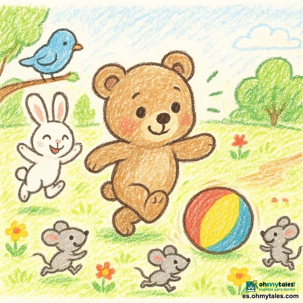 El personaje principal es Bruno, un pequeño osito de peluche marrón claro, alegre y concentrado, que patea una gran pelota multicolor; a su izquierda un conejo blanco de largas orejas salta aplaudiendo, a su derecha tres ratoncitos grises corren para alcanzarla; un pajarito azul en una rama baja observa curioso; están en un claro soleado con césped verde, flores amarillas y rojas, árboles redondeados y un camino de tierra; la escena muestra un juego alegre con energía y movimiento sugeridos por pequeñas líneas de velocidad y risas.