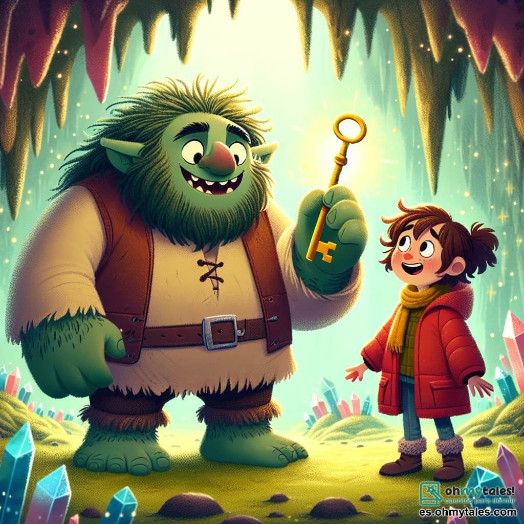 Un ogro grande y peludo, llamado Gruñón, se encuentra en el centro de la escena, con una amplia sonrisa amistosa. Tiene ojos redondos y brillantes, piel verde y cabello desordenado, y lleva un chaleco de cuero desgastado. Gruñón extiende la mano hacia una brillante llave dorada que acaba de encontrar, con expresión de asombro y alegría. A su lado, Clara, una niña de ocho años con cabello castaño y rizado, lleva un abrigo rojo brillante y un gorro de lana. Mira la llave con ojos desmesurados, llena de emoción, inclinándose para verla mejor. El escenario está en la caverna mágica de la montaña, donde cristales brillantes iluminan las paredes con colores vibrantes. El suelo está cubierto de suave musgo verde, y destellos de luz bailan a su alrededor, creando una atmósfera mágica. En esta escena, Gruñón y Clara descubren juntos la primera llave mágica, símbolo de su amistad naciente y de la aventura que les espera.