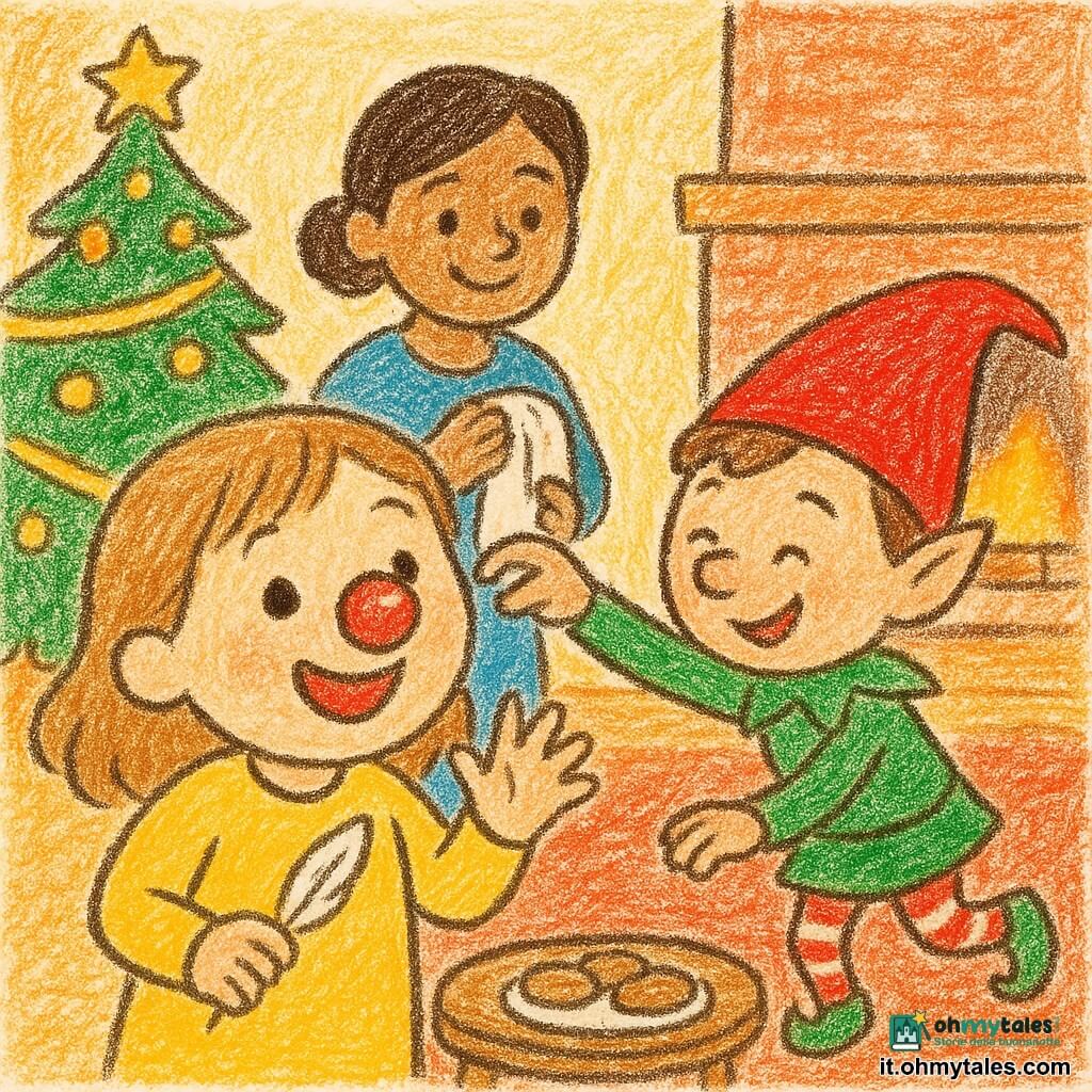 Bambina di 2 anni molto gioiosa, occhi rotondi e capelli castano chiaro, ride tenendo una piccola piuma con una pallina di Natale sul naso; il Burlone Folletto, elfo piccolo dalle guance rosate, berretto rosso a punta, abiti verdi e calze a righe, sorride malizioso sulle punte per posare la pallina; la mamma sui 30 anni con chignon e sorriso tenero asciuga un asciugamano vicino al tavolo e osserva da dietro la bambina; interno caldo di salotto con albero fitto decorato da ghirlande dorate e luci tremolanti, tappeto morbido, pavimento in legno e camino acceso; scena principale: momento giocoso e tenero, la bambina applaude e ride mentre il folletto mette la pallina, luce soffusa, colori caldi, texture da pastello, linee semplici e forme infantili.