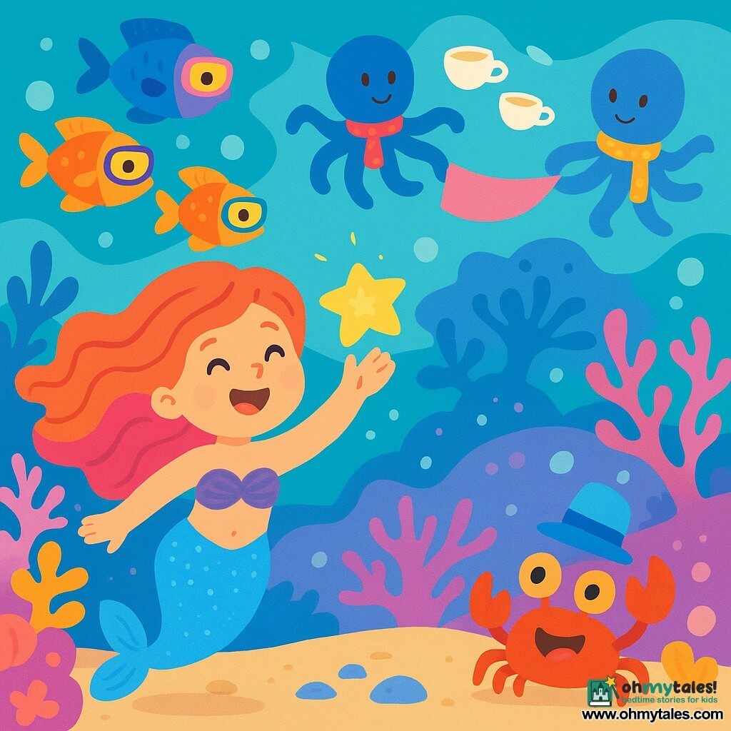 A cheerful, wide‑smiling mermaid girl with sunset hair and a sparkling candy‑blue tail holds up a starry pebble like a glowing badge; a small brave crab boy with a shiny hat laughs and holds it forward on lunar sand at right; a school of playful angelfish children in colorful goggles swim at left pointing to a laughing coral garden; two friendly octopuses with polka‑dot scarves float center‑rear waving fabric banners; floating teacups and smiling spoons bob near a bed of laughing shells; the shallow lagoon is turquoise and pastel violet with sun‑striped sand, flower‑shaped corals, glowing pearl jars and bubbles — everyone cheerfully prepares soft lights for a twilight "star‑rise," guided by the mermaid in a gentle, magical, joyful atmosphere.