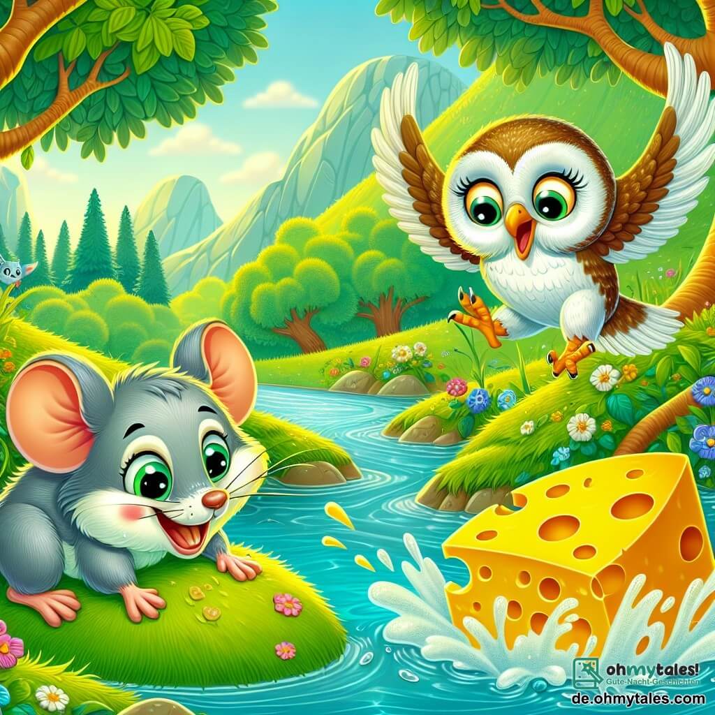 Max, die kleine Maus, ist ein niedlicher Nager mit grauem Fell und funkelnden, schelmischen Augen. Er steht auf einem kleinen, grasbewachsenen Hügel und lacht fröhlich, während er ein großes Stück gelbes Käse beobachtet, das in Richtung eines kleinen Baches rollt. Emma, die gruselige Eule, sitzt auf einem nahegelegenen Baumast. Sie hat weiße und braune Federn, große runde Augen und ruft begeistert, mit leicht ausgebreiteten Flügeln, bereit zu fliegen, um den Käse zu holen. Die Szenerie ist ein charmantes, grünes Waldgebiet, gefüllt mit majestätischen Bäumen, bunten Blumen und einem glitzernden Bach, der durch die Landschaft schlängelt. Die Hauptsituation zeigt Max und Emma in vollem Aktion, lachend und spielend, während der gelbe Käse fröhlich ins Wasser rollt und lustige Spritzer erzeugt.