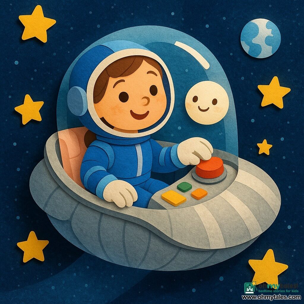 A smiling young female astronaut with a round face and bright eyes sits calmly in a small silver shell-shaped ship wearing a blue spacesuit with white stripes and a clear helmet, gently touching a large red button with a gloved hand while looking out the large rounded window at a smiling small white moon nearby and the distant blue-white Earth; yellow star-shaped stickers float around against a textured dark-blue space background with painted galaxy splotches and tiny star dots, the ship has a pale pink cushioned seat and colorful control panels, and the scene is soft, reassuring, bright and simple for toddlers.