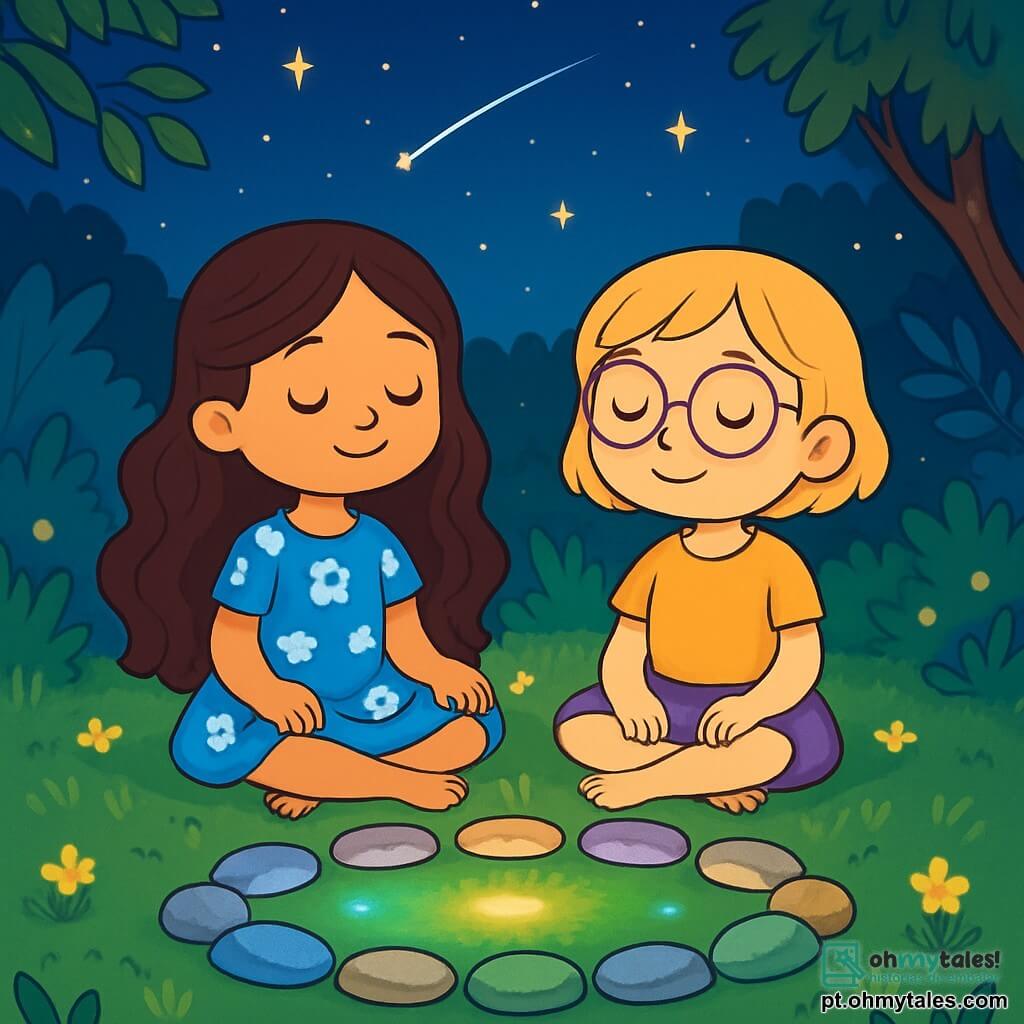 Há 2 personagens principais: Sofia, uma menina de 7 anos com longos cabelos castanhos ondulados, vestindo um vestido azul com flores brancas, sentada de pernas cruzadas, com os olhos fechados e um sorriso sereno; e Lia, uma menina de 6 anos com cabelos loiros curtos e óculos redondos, sentada ao lado de Sofia, com as mãos sobre os joelhos, parecendo calma e relaxada. A cena se passa em um jardim noturno encantador, com grama verde e macia salpicada de pequenas flores luminosas. No centro, um círculo de pedras brilhantes emite luzes coloridas: azul, verde, amarelo e lilás. O céu é de um azul profundo, cheio de estrelas cintilantes, e uma estrela cadente atravessa o céu, adicionando um toque de magia. Sofia e Lia estão sentadas no círculo de pedras, respirando profundamente e se preparando para adormecer tranquilamente, com rostos serenos enquanto uma brisa suave faz as folhas das árvores dançarem, criando uma atmosfera mágica e relaxante.