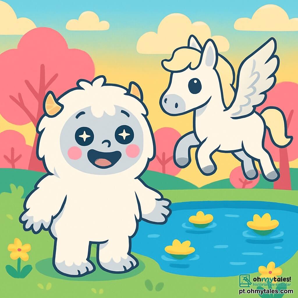 Um yeti chamado Nino, com pelagem branca e macia e olhos brilhantes como estrelas, está alegremente à beira de um lago mágico. Seu sorriso doce e suas bochechas rosadas mostram seu encantamento. Ao seu lado, um cavalo alado chamado Lirio, com um corpo branco brilhante e asas prateadas, voa suavemente, seus olhos brilhando de amizade. O lugar é uma floresta encantada, onde as árvores são cor-de-rosa e flores amarelas flutuam na água de um lago azul brilhante. O céu está salpicado de nuvens suaves, e uma luz dourada ilumina a cena. Nino e Lirio se preparam para explorar juntos o reflexo do lago, onde mundos fantásticos se revelam, cheios de criaturas maravilhosas e cores vibrantes.