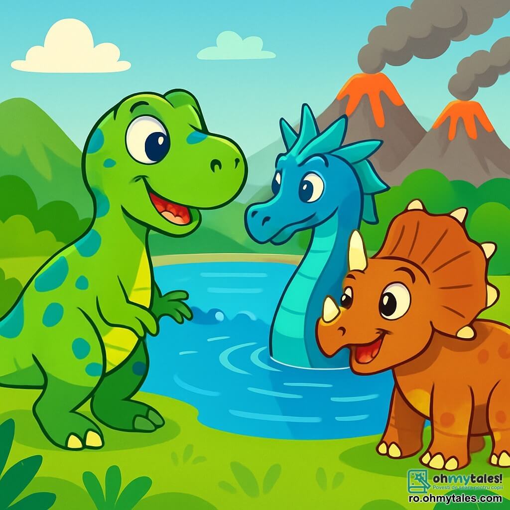Un Tyrannosaurus Rex pe nume Rocco, cu o piele verde strălucitoare și pete albastre, stă pe marginea unui lac sclipitor. Ochii săi mari și curioși strălucesc de entuziasm în timp ce privește un dragon de apă măreț. Lângă el, un Triceratops pe nume Trixie, cu trei coarne ascuțite și o piele brunie, zâmbește vesel, ochii ei strălucind de entuziasm. Lacul este înconjurat de munți verzi și vulcani fumegând, creând un peisaj atât de frumos, cât și misterios. Rocco și Trixie discută cu Drago, dragonul de apă, care iese măreț din apă, solzii săi strălucitori reflectând soarele. Toți sunt reuniți pentru a planifica cum să-și salveze lumea de vulcanii amenințători.