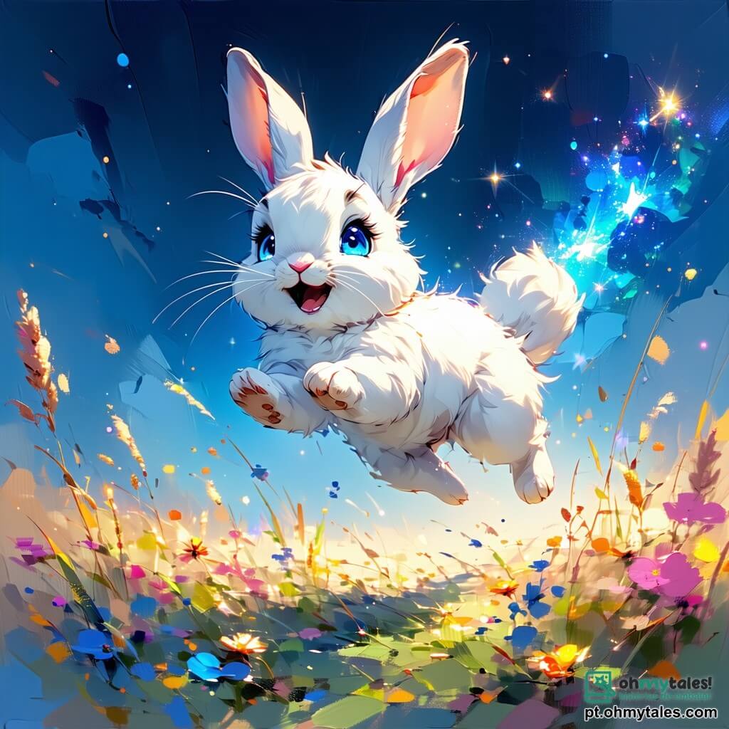 Um pequeno coelho travesso chamado Léo, com pelagem suave e branca, grandes orelhas caídas e olhos brilhantes de curiosidade, salta alegremente em um campo de gramíneas coloridas que brilham sob um céu estrelado. Léo sorri amplamente, com as patas traseiras no ar, pronto para fazer um salto espetacular. Ao seu lado, Zim, um extraterrestre de olhos redondos e brilhantes, com pele azul viva e antenas cintilantes, observa Léo com admiração, os braços levantados em sinal de incentivo, exibindo uma expressão de excitação. O cenário é uma paisagem mágica do planeta Zog, com árvores de folhas em forma de estrela e flores luminosas que iluminam o solo, criando uma atmosfera mágica e acolhedora. A situação principal mostra Léo se lançando no ar, pronto para realizar seu famoso salto, enquanto Zogianos coloridos o cercam, aplaudindo e incentivando a aventura intergaláctica que se desenrola diante deles.