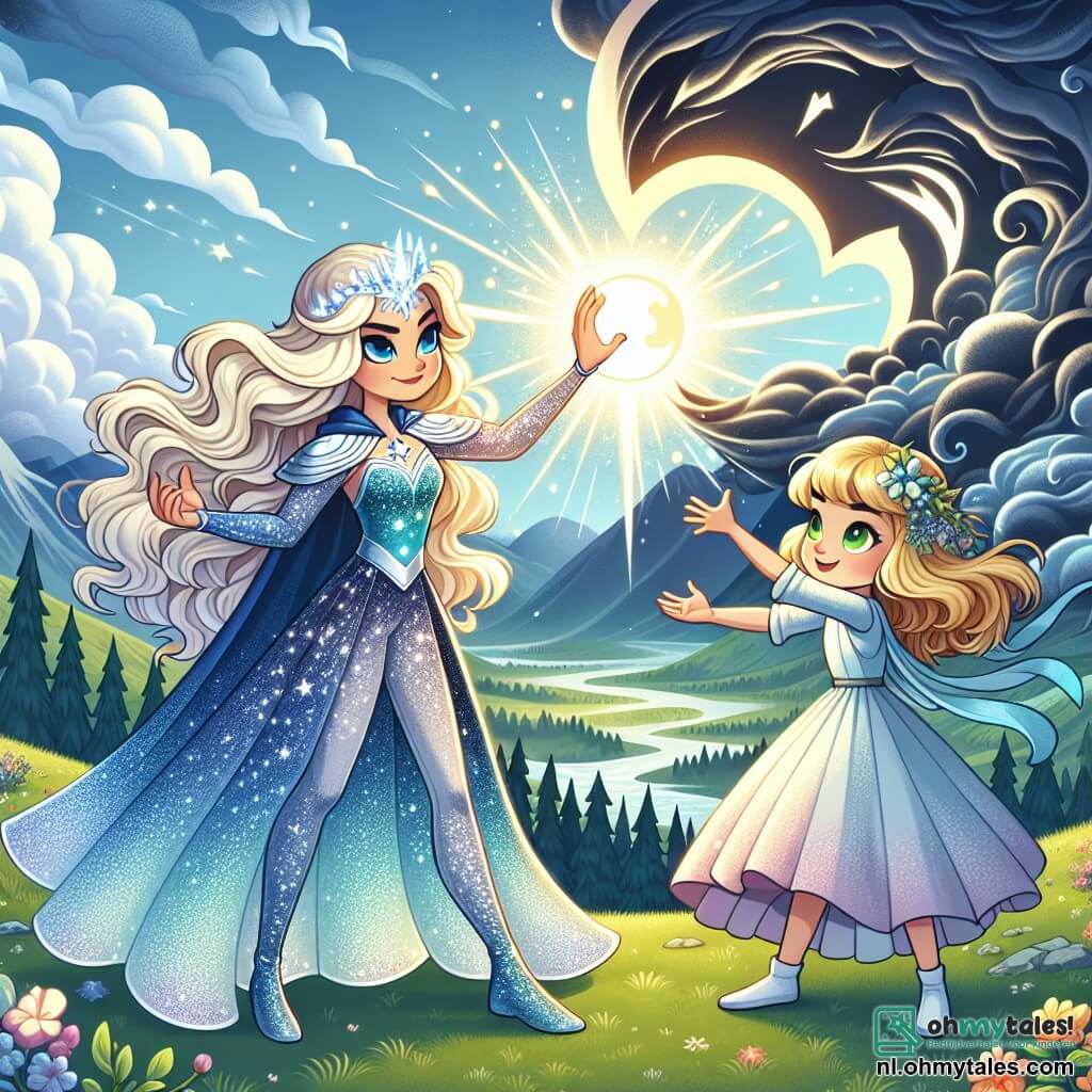 Op de voorgrond bevrijdt Luna, een superheldin met lange golvende haren die glanzen als sterren, lichtstralen uit haar handen, terwijl haar gezicht straalt van vastberadenheid en moed. Ze draagt een schitterend blauwe en zilveren kostuum met een flonkerende cape die onder de zon straalt. Naast haar gebruikt Windvrouw, een jonge vrouw van ongeveer 25 jaar met blond haar en sprankelende groene ogen, haar krachten om de wind om haar heen te laten draaien, waardoor vlagen ontstaan die de donkere wolken verspreiden. Ze is gekleed in een lichte outfit in pastelkleuren die danst met de wind. De achtergrond toont de top van een majestueuze berg, waar de lucht verdeeld is tussen het stralende zonlicht en de resten van een donkere wolk die instort. Groene valleien strekken zich beneden uit, bezaaid met kleurrijke bloemen die bloeien onder de zonnestralen. De belangrijkste situatie toont Luna en Windvrouw verenigd in een heroïsche strijd tegen een immense dreigende zwarte wolk, die lijkt te verdwijnen door hun gecombineerde krachten, wat hoop en licht symboliseert die triomferen over de duisternis.