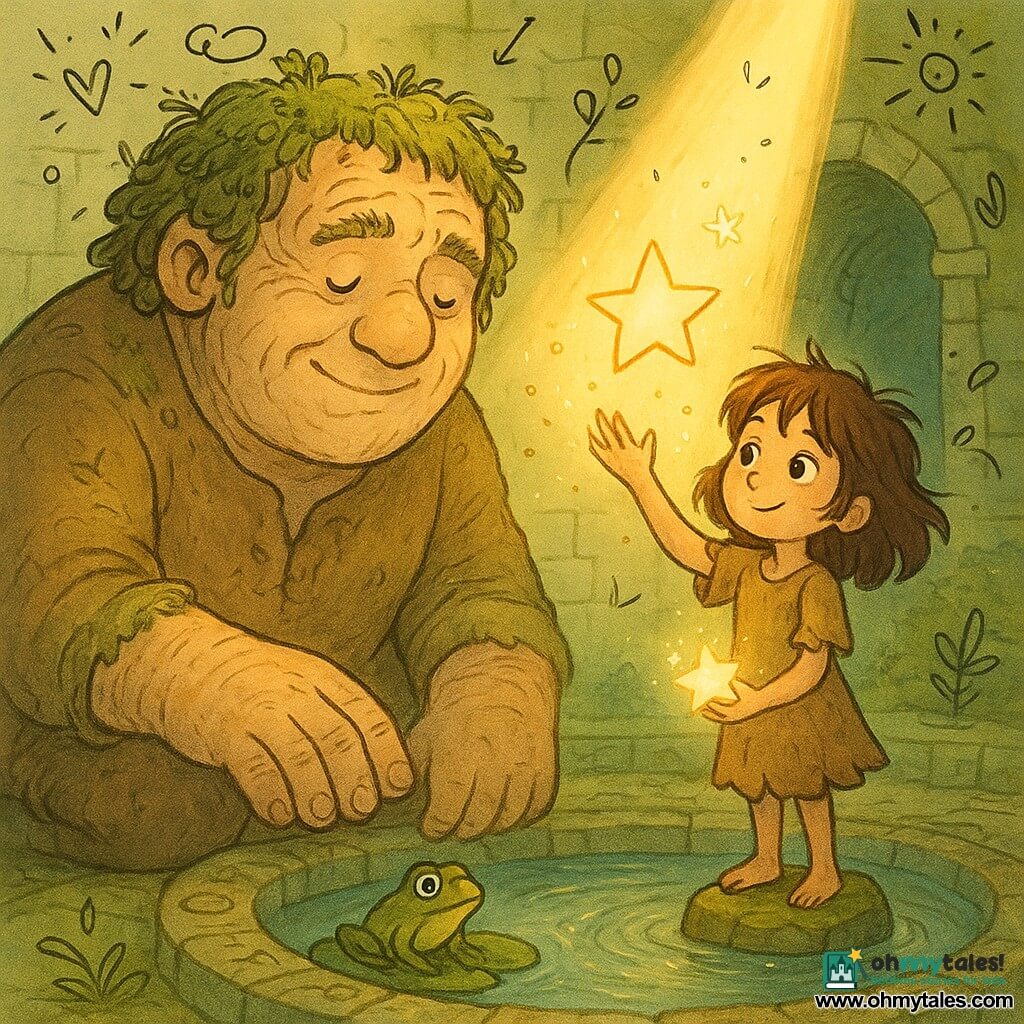 A gentle, kind giant with a round, softly wrinkled face, moss- and vine-covered hair, faded cloth clothes, kneels and smiles slightly, hand large and careful by a pool; a ~9-year-old girl with messy brown hair and sparkling eyes stands on mossy stones in the courtyard, tenderly determined, holding a small glowing star like a cupped treasure toward a shaft of golden light; a luminous marble-sized star emits warm gold-and-white light with sparkling flecks; an olive-green frog with bulging eyes sits on a water lily nearby, watching curiously; the scene is a mossy-walled temple courtyard with a clear round pool, spiral stones engraved with symbols, and a top opening pouring a column of golden light through dust; main action: the girl raises the star back to the sky while the giant watches and clears leaves from the pool, warm colors, wet moss textures, sparkling light, children's-story style, clear composition and expressive characters.