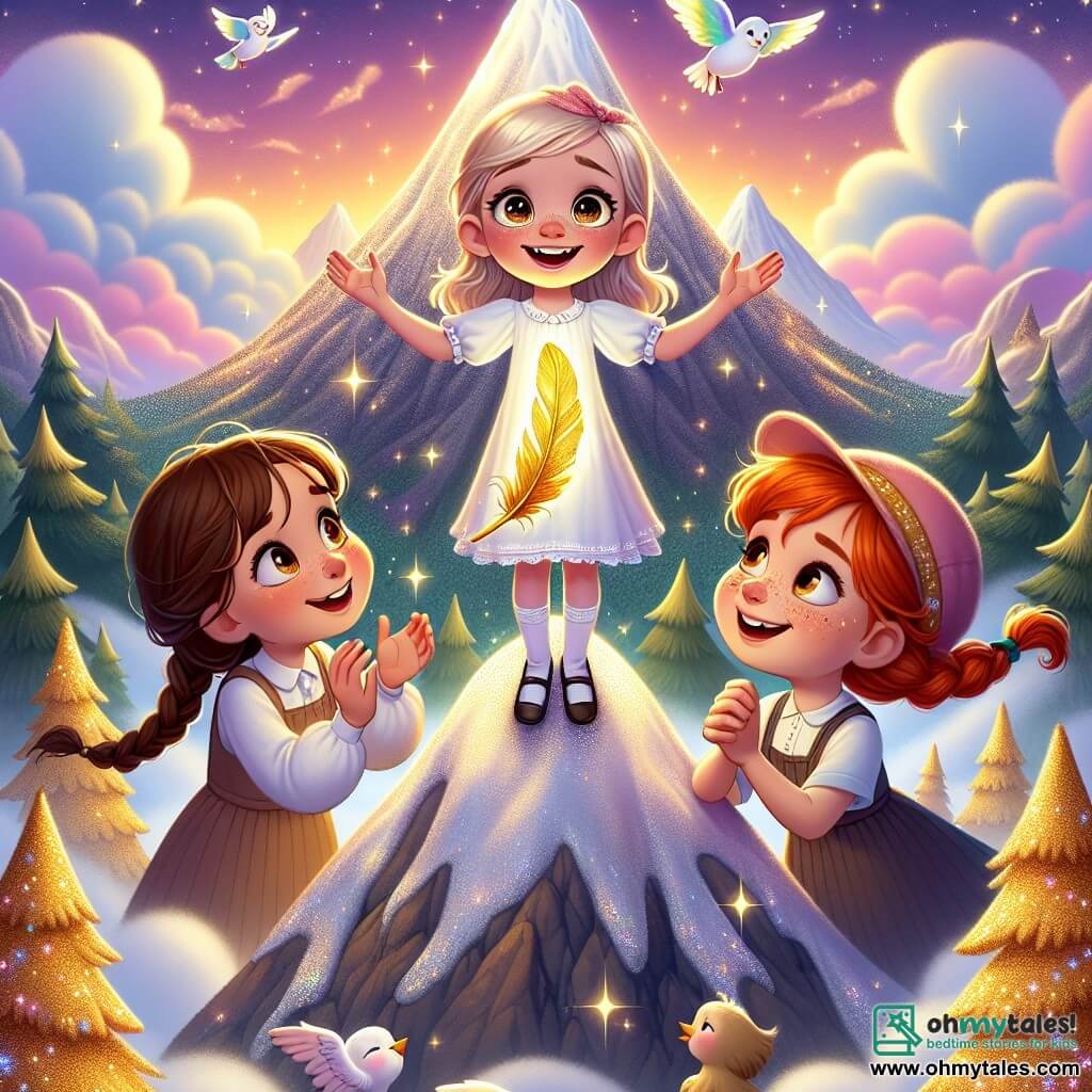 Three little girls, Lily, Mia, and Zoe, stand at the top of a sparkling mountain. Lily, a 7-year-old with blonde hair and sparkling eyes, holds a golden feather in her hands, smiling in wonder. To her right, Mia, a 6-year-old with brown hair in braids, raises her arms in excitement. To the left, Zoe, an 8-year-old with red hair and freckles, looks at the feather with curiosity, her eyes shining with adventure. Their surroundings are a silver mountain bathed in the golden light of the setting sun. Pink and purple clouds float in the sky, while trees with shimmering leaves surround the summit, creating a magical atmosphere. The girls have just discovered that the golden feather belongs to a rainbow bird, and they are ready to return its precious treasure, their faces lit up with joy and anticipation for a new adventure.