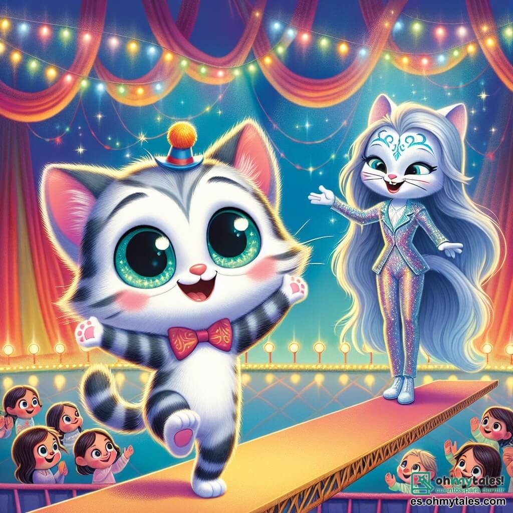Un pequeño gato gris llamado Tico, con ojos verdes brillantes y un pequeño sombrero de payaso, camina con confianza sobre una cuerda floja, mostrando una gran sonrisa de orgullo y emoción. A su lado, la funámbula Luna, una joven de largos cabellos brillantes como la luna, vestida con un traje brillante, lo anima con una mirada admirativa y una sonrisa cálida, mientras se sostiene en una plataforma cercana. Al fondo, una gran carpa de circo colorida, adornada con luces brillantes y patrones llamativos, está llena de espectadores maravillados que aplauden y ríen, creando una atmósfera alegre y festiva. La escena captura el momento en que Tico, el pequeño gato, supera su miedo y realiza su sueño de actuar en el circo, rodeado de amigos y magia.