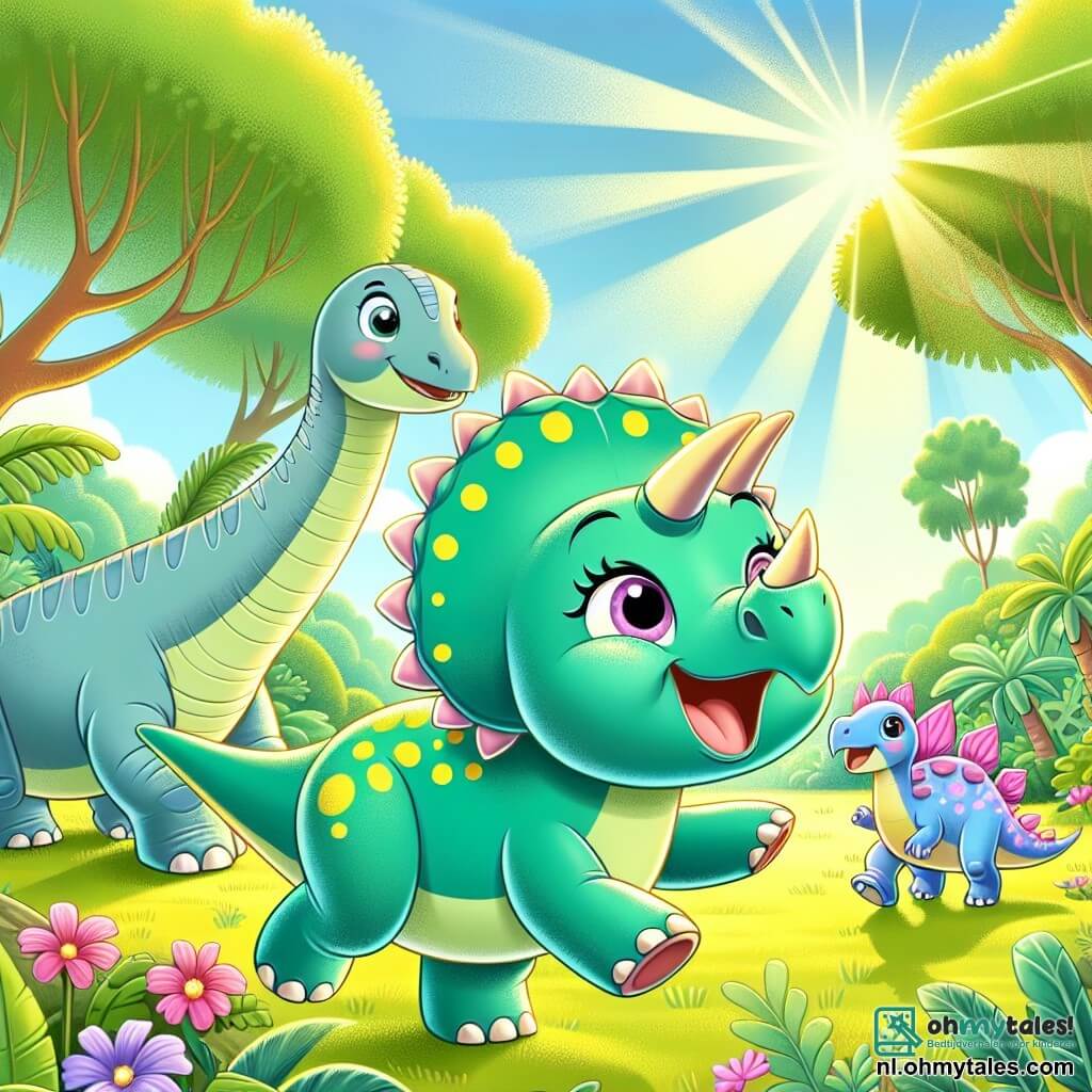 Een blije Triceratops genaamd Trixie, met drie grote hoorns en een groene huid met gele vlekken, speelt in een zonnige open plek. Ze heeft een grote glimlach op haar gezicht, die haar vreugde en enthousiasme uitdrukt. Naast haar staat een grote Brachiosaurus met een lange nek en een blauwachtige huid, die Trixie vriendelijk aankijkt, klaar om haar te helpen deze nieuwe plek te verkennen. Iets verderop komt een Stegosaurus met roze rugplaten en sprankelende ogen dichterbij, enthousiast om zich bij hen te voegen om te spelen. De scène speelt zich af in een prachtige jungle-open plek, omringd door grote bomen met weelderige bladeren en kleurrijke bloemen die de omgeving opvrolijken. De zonnestralen filteren door de takken en creëren dansende schaduwen op de grond. Trixie en haar vrienden hebben samen plezier, rennend en spelend in de open plek, terwijl ze hun nieuwe vriendschap en de schoonheid van hun omgeving vieren.