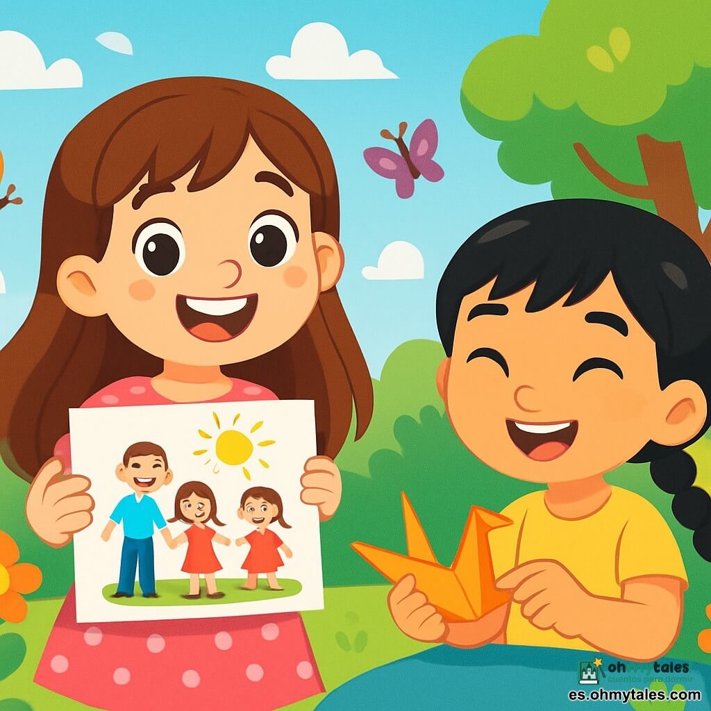 Una niña de 6 años, Clara, con largos cabellos castaños y ojos brillantes de curiosidad, sonríe alegremente mientras sostiene un dibujo colorido de su familia. Lleva un vestido rosa con lunares blancos y está en un jardín soleado, rodeada de flores brillantes y mariposas revoloteando. A su lado está Mei, una niña de 6 años de origen asiático, con cabello negro liso y una pequeña trenza. Ella está plegando un trozo de papel para crear una grulla de origami, su rostro iluminado por una sonrisa orgullosa. El jardín está lleno de colores vivos, con árboles verdes exuberantes y un cielo azul claro salpicado de nubes blancas esponjosas. La escena muestra a Clara y Mei jugando juntas, descubriendo la belleza de sus diferencias mientras ríen y comparten momentos de felicidad bajo el sol.