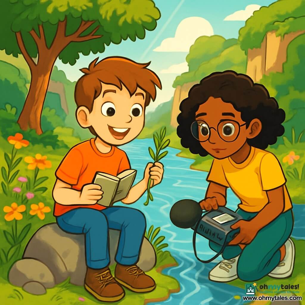 A young boy named Finn, with chestnut hair and sparkling curious eyes, is sitting on a rock by a river, a look of wonder on his face. He holds a small notebook in one hand and a sample of seaweed in the other, closely observing the clear water shimmering in the sunlight. Next to him, Asha, a girl with curly black hair, around 12 years old, is focused on a sound recorder, her glasses sliding slightly down her nose. The setting is a green valley surrounded by stone cliffs, where the river flows peacefully, lined with colorful wildflowers and tall trees with lush leaves. Sunlight filters through the branches, creating bright patterns on the water. The main scene shows Finn and Asha exploring the river's source, captivated by the gentle murmur of the singing water as they discover nature's secrets and embark on a promising adventure.