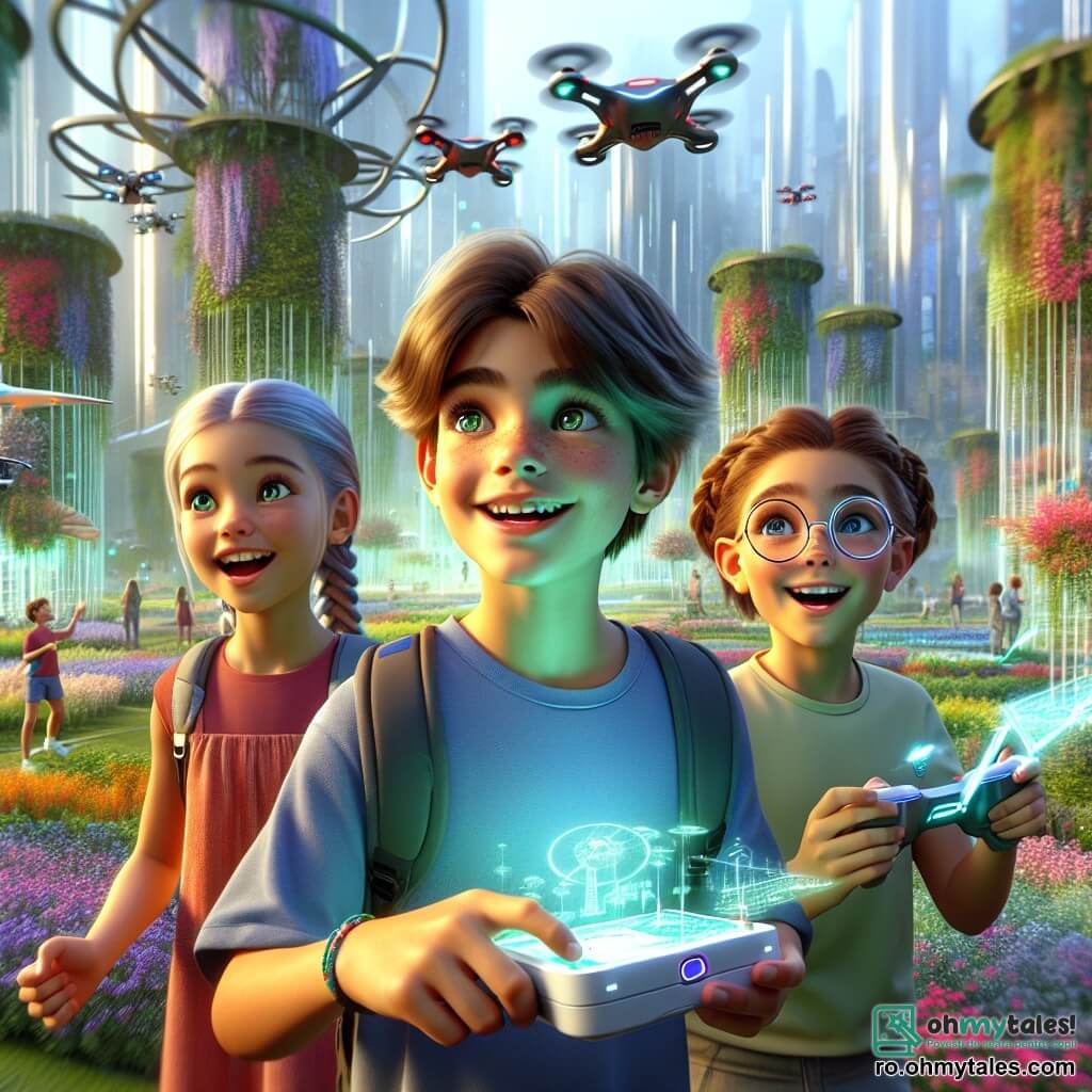 Într-un parc futurist din Nexopolis, trei copii stau împreună, plini de entuziasm. Alex, un băiat de 11 ani cu părul castaniu și ochii verzi strălucitori, este în centru, ținând o telecomandă pentru o mică dronă care zboară în jurul lui. La dreapta lui, Mia, o fată de 10 ani cu ochelari rotunzi și părul blond împletit, observă cu atenție drona, având un zâmbet uimit pe față. La stânga, Radu, un băiat de 11 ani cu părul șaten și ochii albaștri, desenează pe o tabletă holografică, creând imagini colorate care plutesc în aer. Parcul este plin de grădini verticale luxuriante, cu flori multicolore și copaci futuristici cu trunchiuri argintii. Droni de diferite dimensiuni zboară în jur, iar roboți prietenoși îngrijesc plantele, udând delicat florile. Copiii participă la o competiție prietenoasă, fiecare controlându-și drona pentru a realiza acrobații aeriene. Atmosfera este veselă și animată, cu râsete și strigăte de entuziasm care răsună în aer.