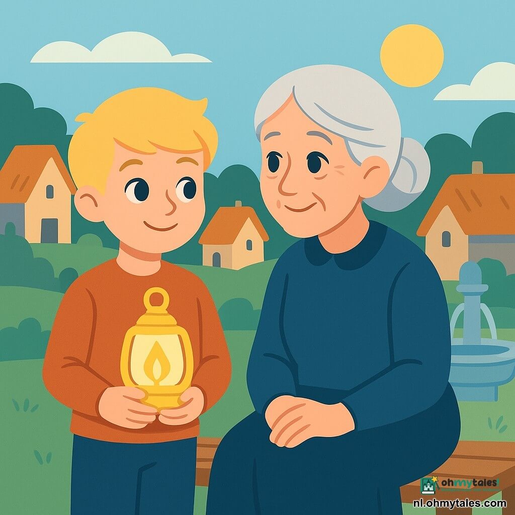 Een jonge man genaamd Linde, met gouden haar en stralende ogen, staat met een dappere en vriendelijke glimlach. Hij houdt een kleine lamp tegen zijn borst. Naast hem zit zijn grootmoeder, een oude vrouw met zilvergrijs haar en fonkelende ogen, die hem teder aankijkt. Ze zit op een houten bank dicht bij Linde. Op de achtergrond is een vredig dorp met huizen met rieten daken en een oude fontein waar het water glinstert in de zon. De scène toont Linde die het licht van zijn lamp deelt, waardoor het gezicht van zijn grootmoeder zacht wordt verlicht en een zachte gloed om hen heen verspreidt.