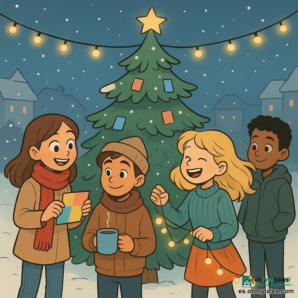 Lucía, una niña de 12 años, lleva una bufanda roja y botas azules, con ojos brillantes de alegría. Sostiene un papel colorido en sus manos, lista para colgarlo en un gran árbol de Navidad. A su lado, Tomás, un niño de 12 años con un gorro ladeado, sonríe sosteniendo una taza de chocolate caliente. Sara, una niña de 12 años, se ríe a carcajadas, su cabello rubio flotando al viento, sosteniendo una guirnalda luminosa. Samir, un niño de 12 años, se mantiene un poco atrás, observando con una sonrisa tímida, sus ojos brillando de curiosidad. El escenario es una plaza nevada, iluminada por guirnaldas centelleantes, con un gran árbol de Navidad en el centro, sus ramas cubiertas de nieve y pequeños papeles coloridos colgados. La escena principal muestra a los niños reunidos alrededor del árbol, compartiendo historias y risas, creando una atmósfera cálida y festiva bajo un cielo estrellado.