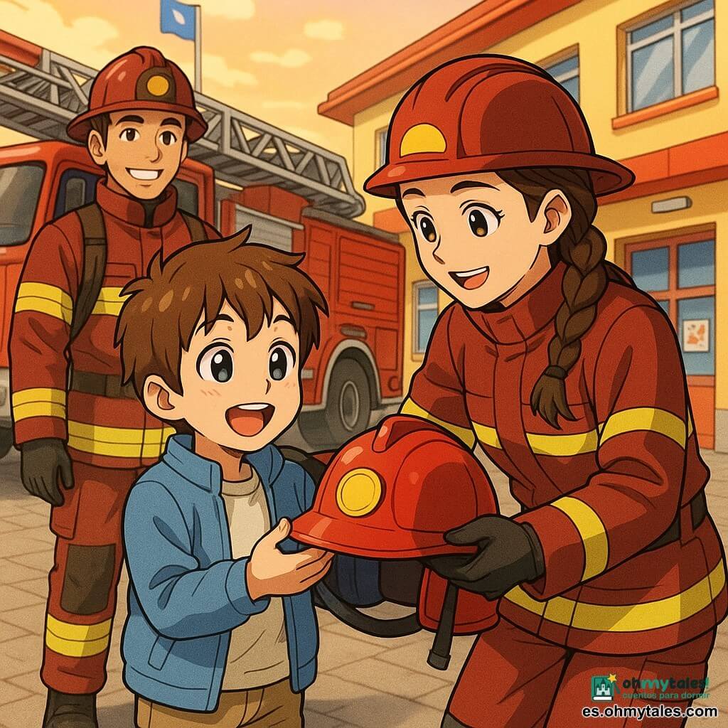 Un niño de 8 años, sonriente y asombrado, con pelo castaño corto, sostiene un casco de bombero infantil y lo mira con admiración; junto a él una bombera adulta, de rostro decidido y cálido, trenzas castañas y uniforme rojo oscuro con bandas reflectantes, le pone una mano tranquilizadora en el hombro; un bombero adulto, de piel tostada y sonrisa amable, está ligeramente atrás junto a un brillante camión de bomberos rojo con escalera y manguera; escenario frente a una estación de bomberos colorida y limpia con suelo en losas, bandera de la ciudad y carteles escolares en la pared; ambiente instruccional y alegre al atardecer, colores cálidos y expresiones acogedoras, centrado en el encuentro que muestra que una mujer también puede ser bombera.