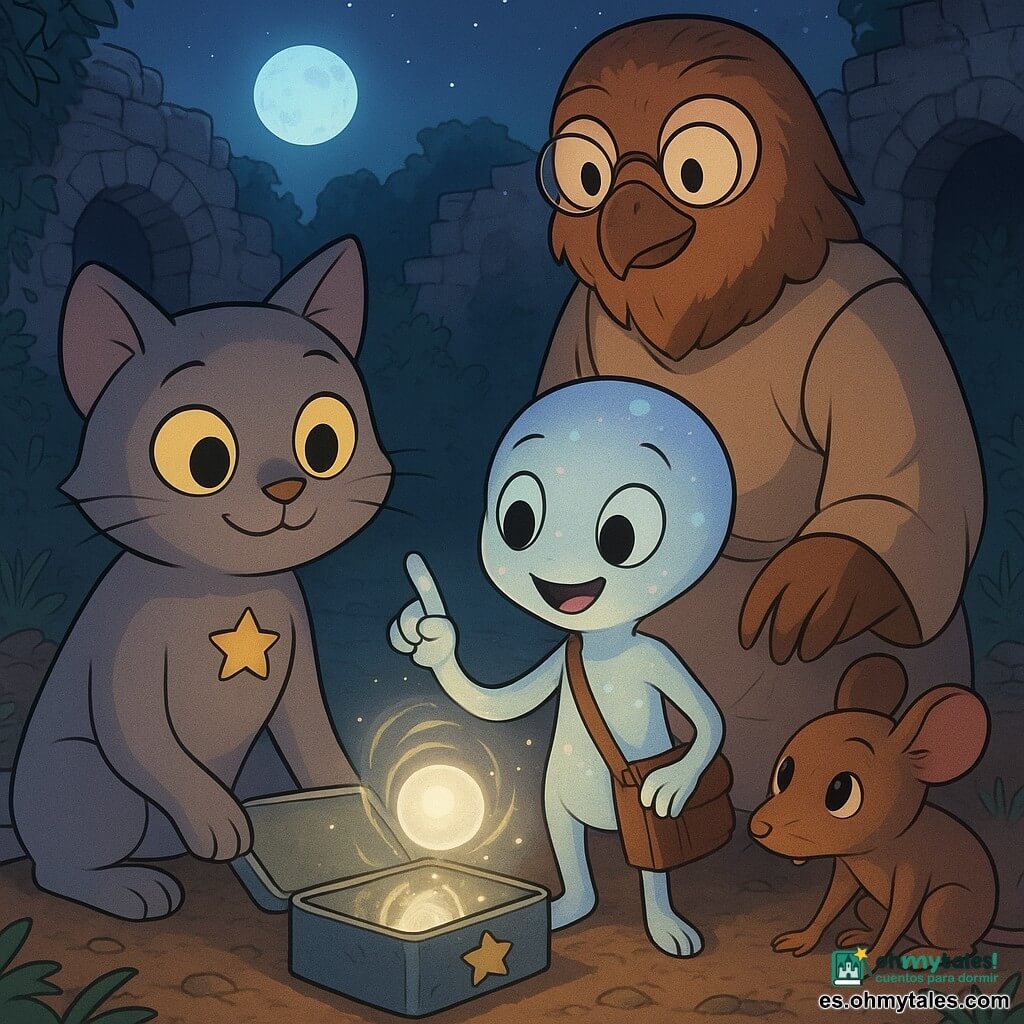 Milo, un gato gris de ojos redondos color moneda con expresión dulce y orgullosa y un pequeño distintivo estrellado en el pecho, sostiene la pata junto a una pequeña caja metálica abierta; Liri, un extraterrestre perlado de piel nacarada con tres brazos finos y una mini-bolsa acordeón, sonríe asombrado y señala con un dedo luminoso hacia una esfera brillante en la caja; la profesora Cernícalo, un halcón de plumaje marrón y gafas redondas, está detrás de Milo observando con calma y benevolencia; Pipo, una pequeña rata marrón de ojos vivos, agazapado junto a la caja listo para ayudar con finas cuerdas; en un viejo patio de molino de noche con suelo de tierra, hierbas y ruinas de piedra bajo una luna clara, la esfera blanca y translúcida llamada "Semilla de Estrella" reposa en un contenedor estrellado abierto que emite una espiral de luz suave mientras los personajes se reúnen en círculo, con luz cálida y reflejos nacarados en los rostros, creando una atmósfera de confianza y regreso a casa.