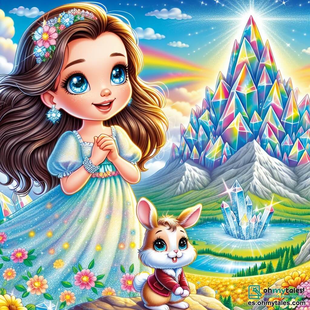 Una niña de 10 años, llamada Luna, se encuentra en la cima de una montaña de cristal brillante. Tiene largos cabellos castaños que flotan al viento, ojos llenos de curiosidad y una sonrisa radiante. Lleva un vestido ligero con motivos de flores coloridas y sostiene un pequeño cofre dorado en sus manos. A su lado, un pequeño conejo llamado Baltasar, vestido con una chaqueta de terciopelo rojo y un pequeño sombrero, la mira con admiración. El escenario es una montaña majestuosa de cristal brillante bajo el sol, con reflejos de arcoíris. Al fondo, un cielo azul claro con nubes blancas y un lago turquesa brillante rodeado de flores doradas. Luna y Baltasar descubren el corazón del Valle de los Sueños, donde la magia y el asombro se entrelazan, listos para explorar los misterios que les esperan.